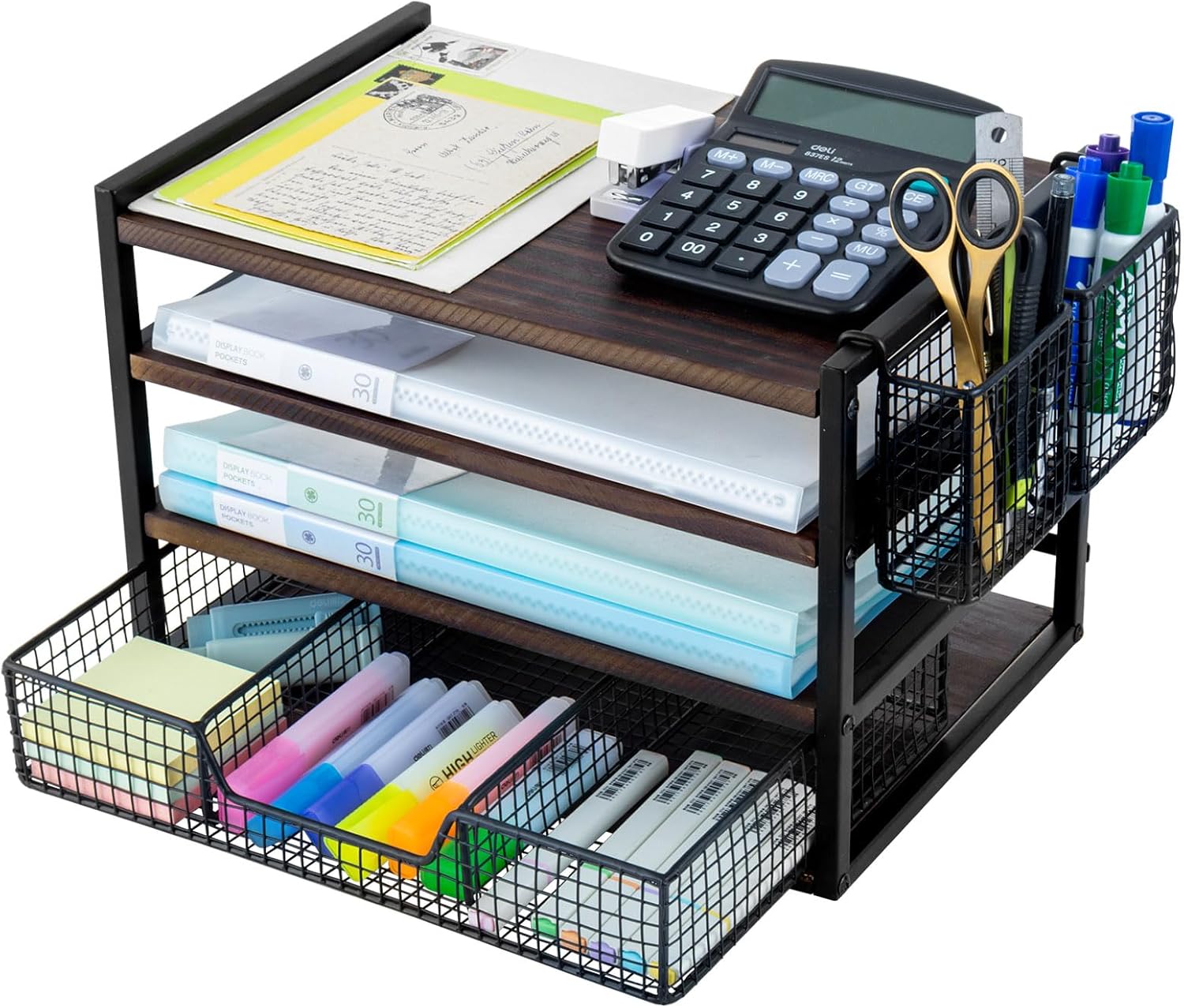 MyGift Urban Modern Black Metal Desk Organizer with 3 Tier Burnt Solid Wood Paper File Letter Trays, Office Supplies Storage Drawer and 2 Pen Holder Baskets