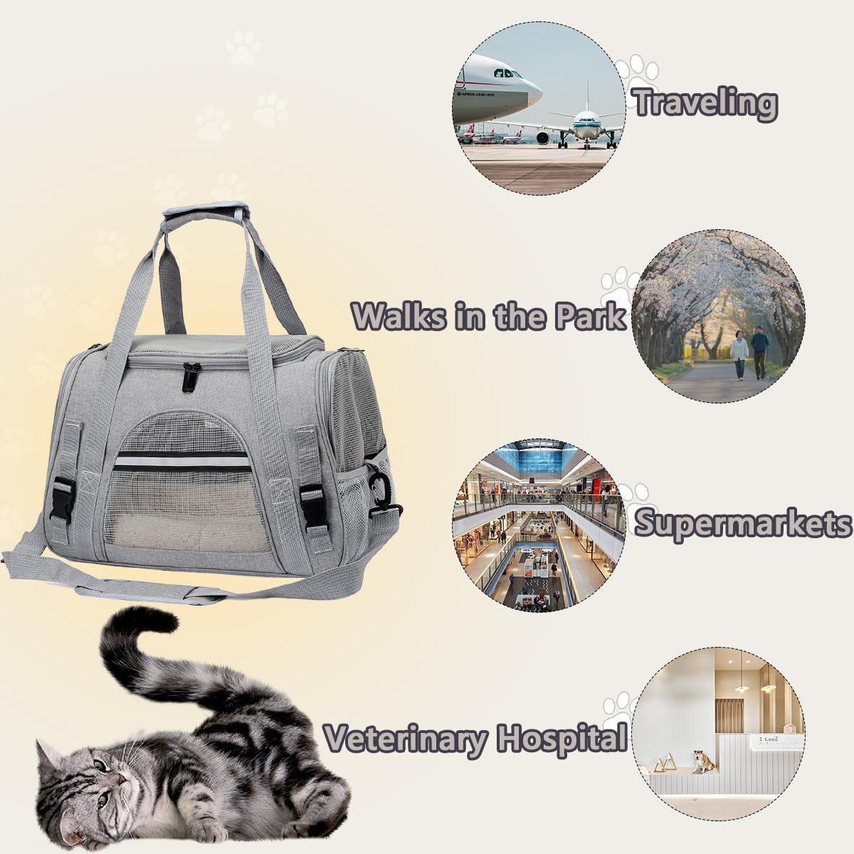 Bolsa Transportin Gato,5KG Transportín Perro Gato, Aprobada por la Aerolínea,Plegable Transportin para Gatos,Transportadora Gatos con Bandolera Desmontable para Gatos für Katzen Kleine,Gris,M
