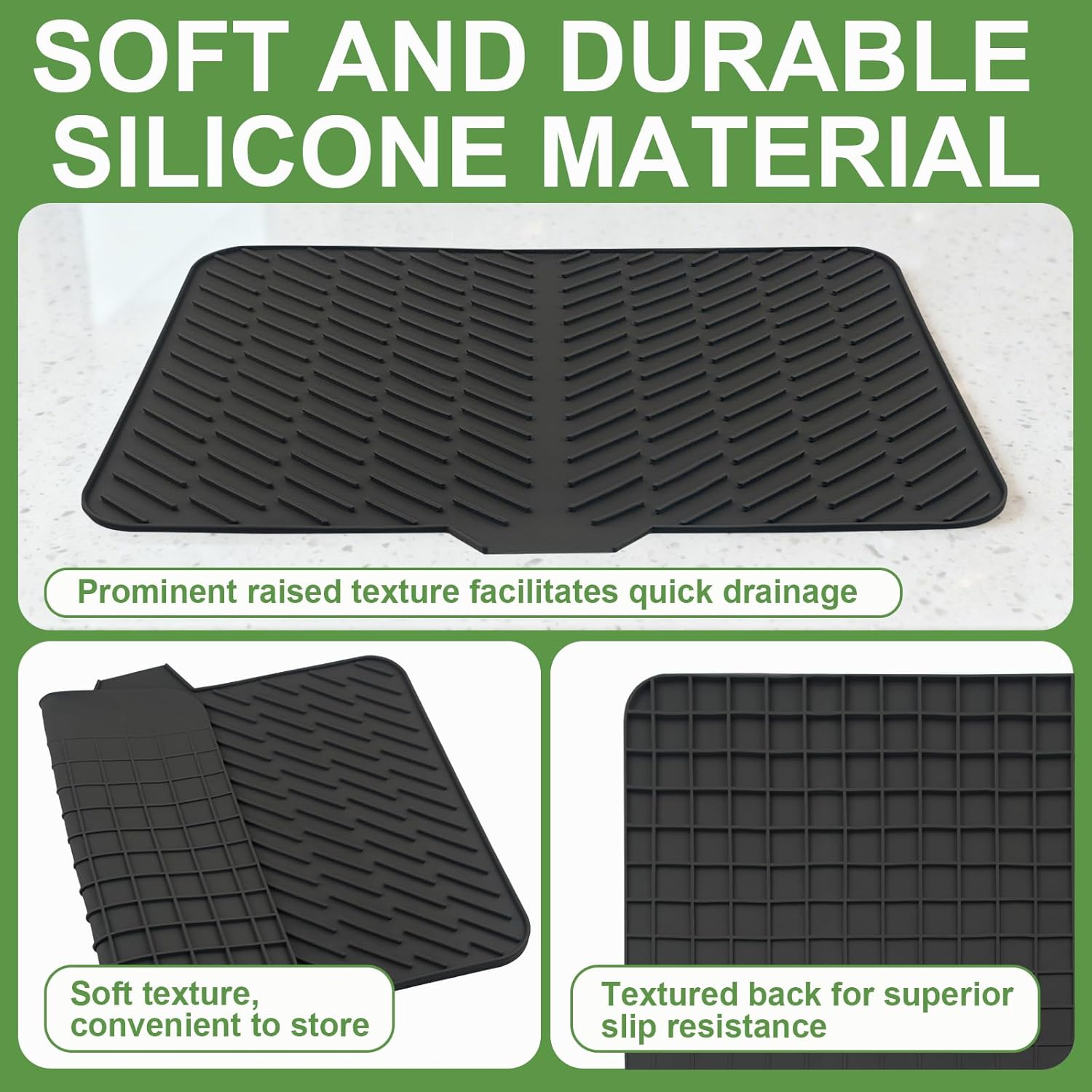 Silicone Drying Mat, 23"X17" With Built-in Drain Lip,Heat-Resistant,Eco-friendly,Hygienic Drying Pad,Leak-Proof and Non-Slip,Silicone Dish Drying Mat for Kitchen Counter or Sink（Black 23X17） - Image 4