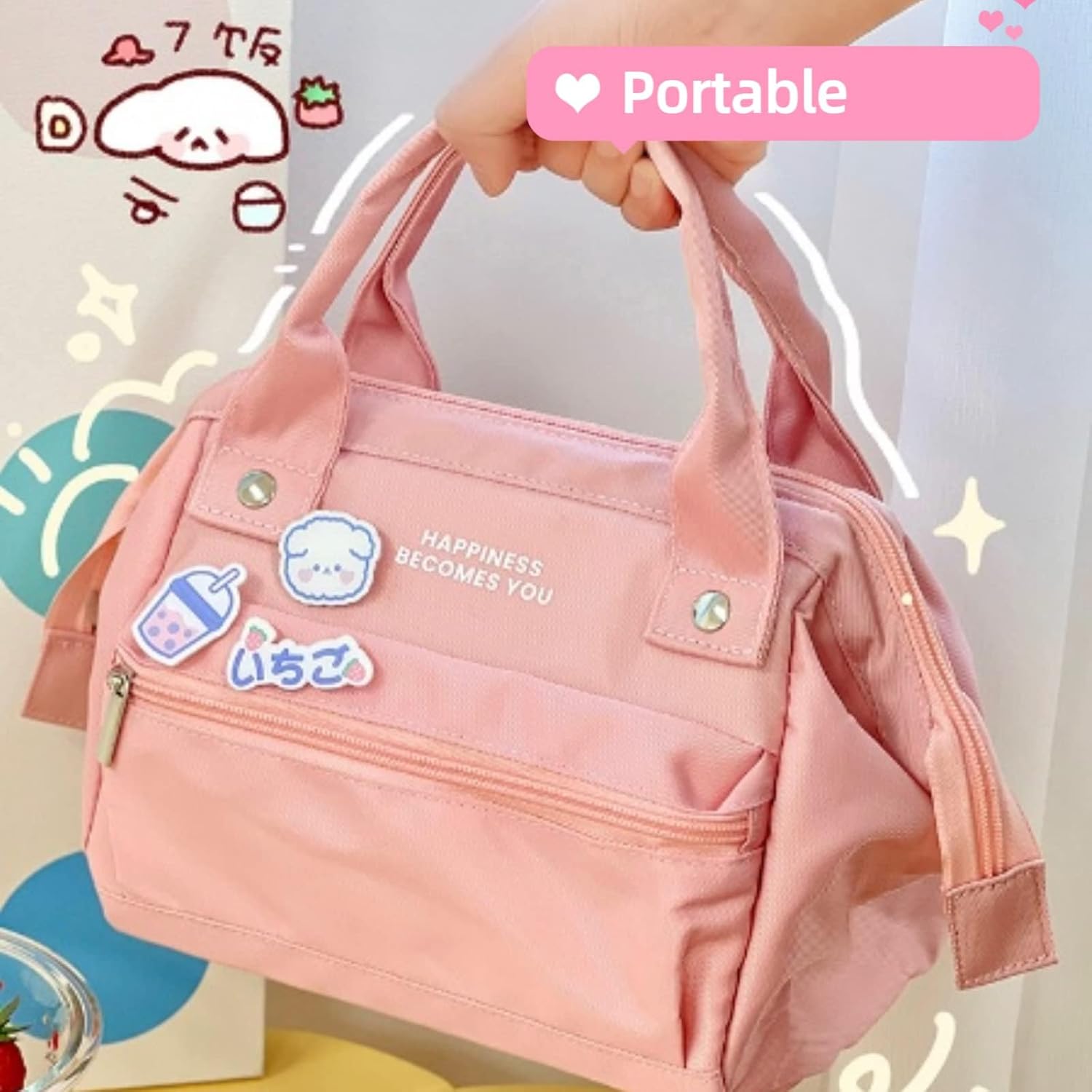 AONUOWE Kawaii Lunch Bag - Cute Aesthetic Insulated Tote Bag for Women & Girls (Pink, Small)