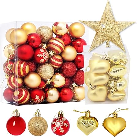 Amazon 新仕様 Marcow クリスマス オーナメント 小さめ 大容量 ツリートップ 62個セット ボール 4cm 50個 ハート 4 5cm 12個 飾り クリスマスツリー 北欧風 可愛い 金 ボール おもちゃ