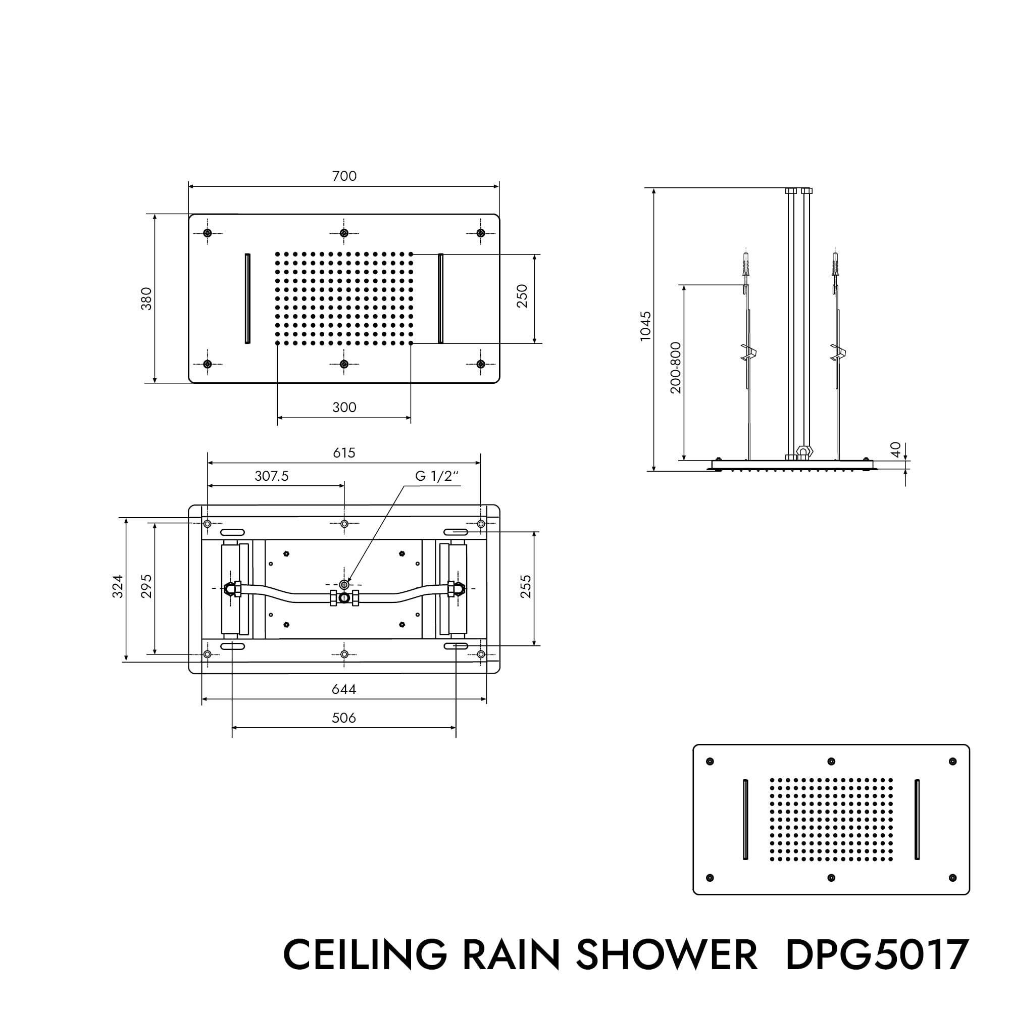 Soffione doccia con effetto-pioggia e cascata, installazione a soffitto- DPG 5017, 70 x 38cm