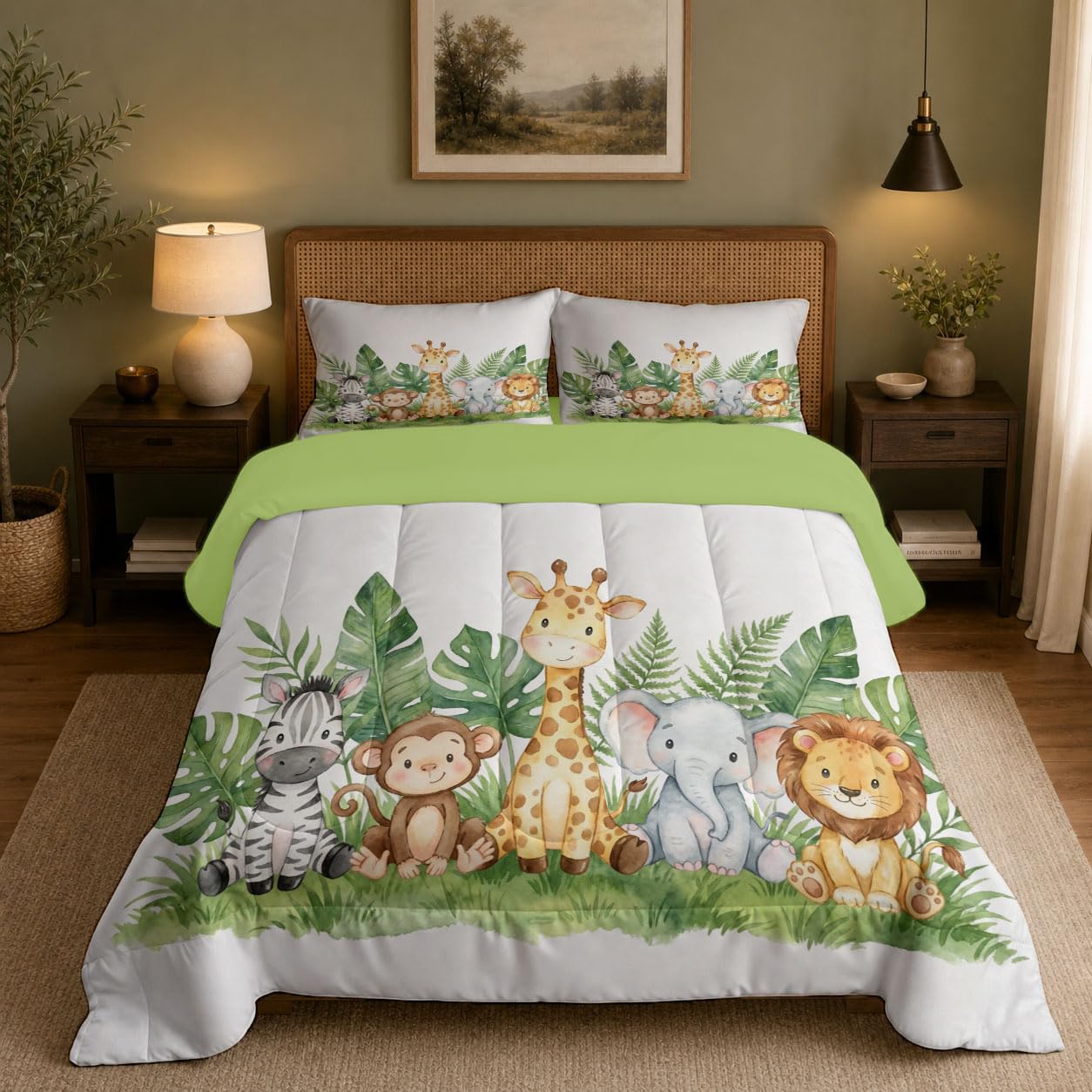 Piumone 2-In-1 Letto Matrimoniale 240X220 Cm Foresta Degli Animali Ad Acquerello | Trapunta E Piumino Reversibile 4 Stagioni, Giraffa Carina Leone, Copriletto Lavabile Morbido Leggero, Verde Salvia