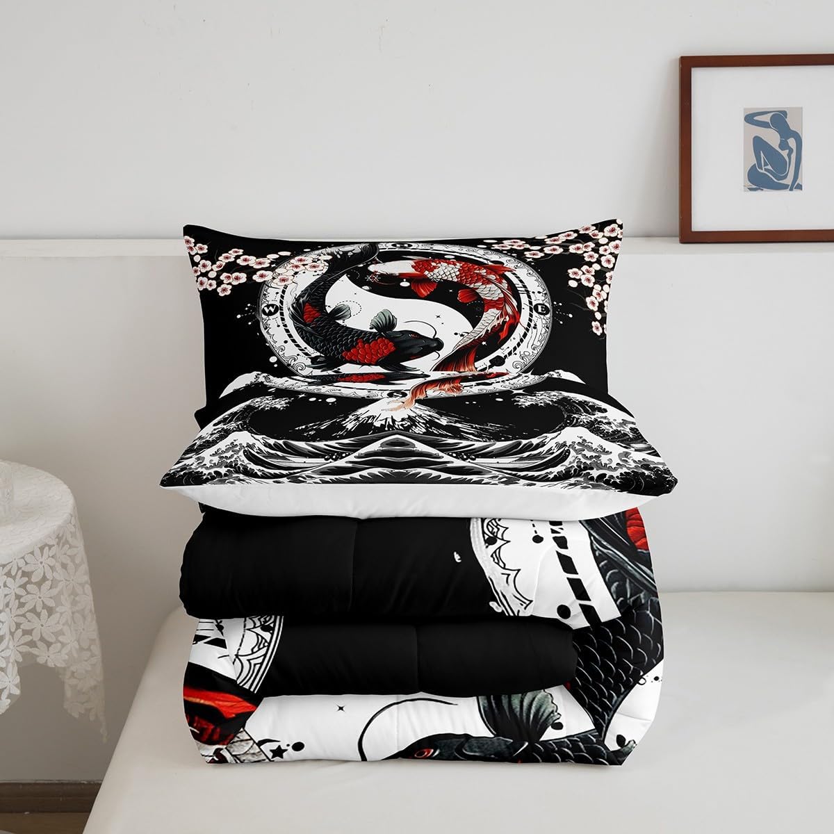 Feelyou Japanese Koi Fish Comforter Set Queen Size Kids Wave Bedding Set for Boys Girls Teens Cherry Blossoms Quilt Japanese-Style Duvet Set