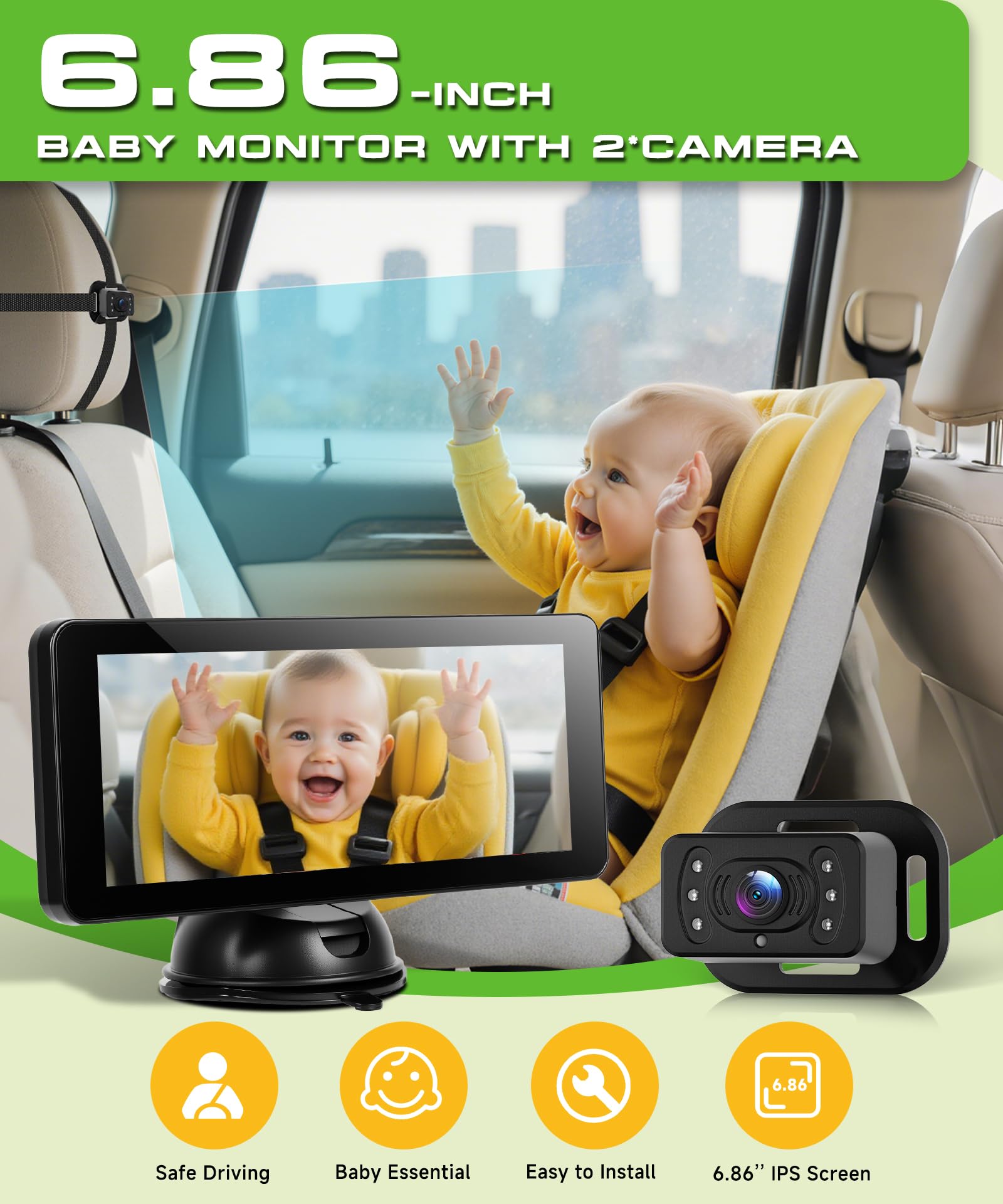 VECHTEL Sedile posteriore per bambini Doppia telecamera con schermo diviso da 6,86 pollici HD 720P, telecamera di sicurezza per seggiolino auto con visione notturna ruotabile a 360°,supporto a ventosa