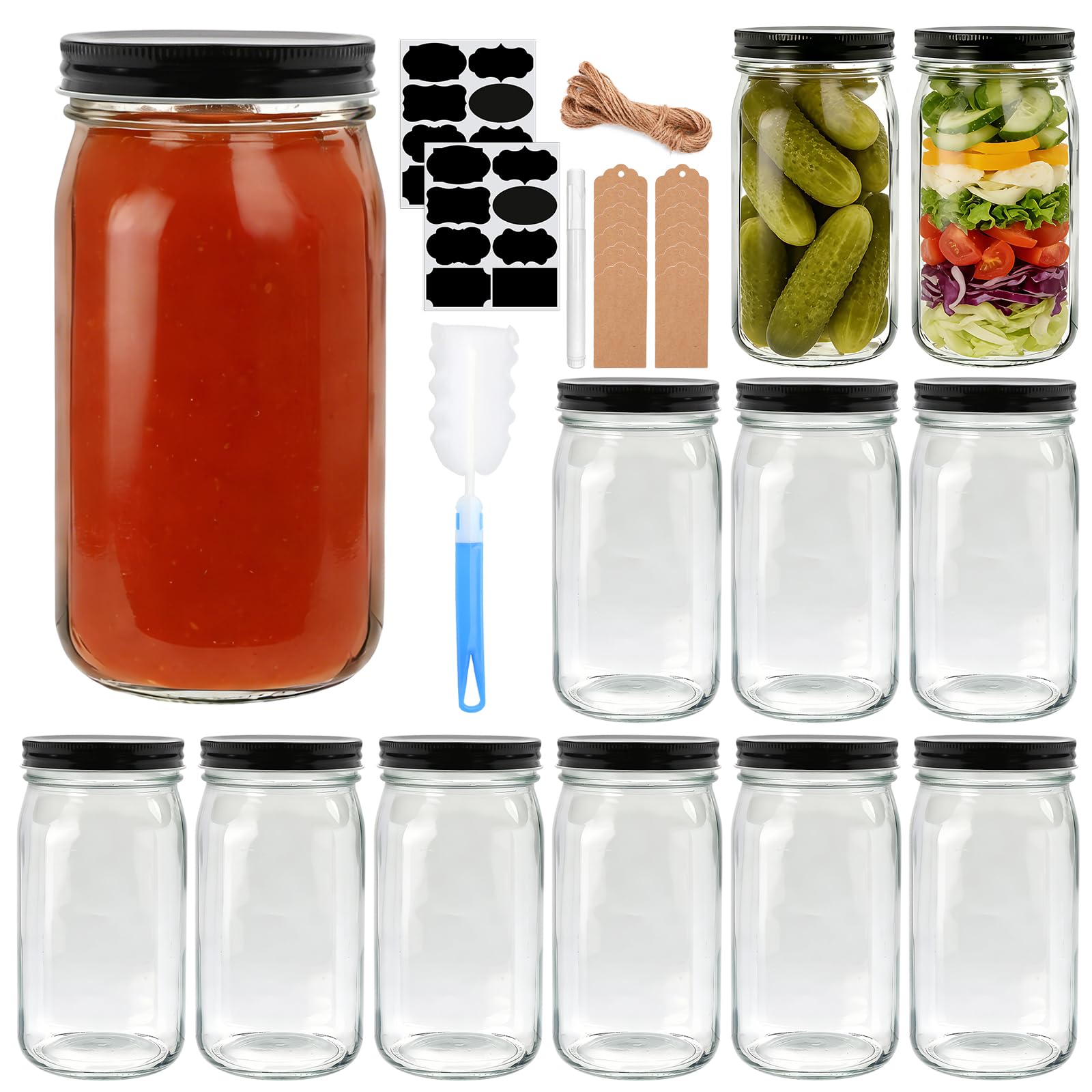 QAPPDA 32 OZ Glass Jars with Lids Set of 12,Clear Wide Mouth 1000ML Glass Mason Jar with Airtight Lid,Durable Glass Food Storage Canning Jars for Pickles,Jams,Preserving