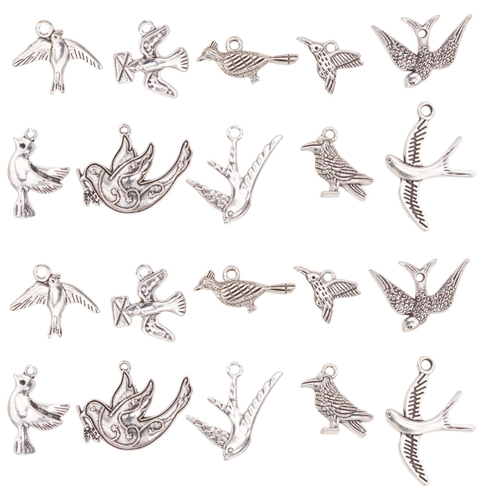 KitBeads 50pcs Mixed Styles Tibetan Bird Charms - Hummingbird, Pigeon, Wild Goose, Dove for Jewelry Making