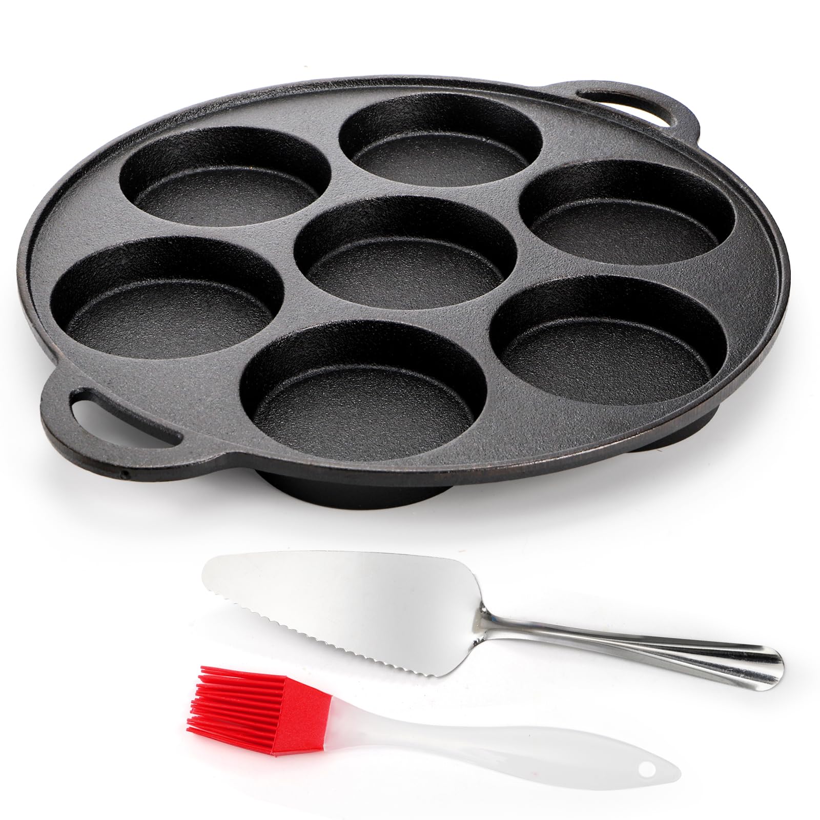 Hiceeden Pre Seasoned Cast Iron Muffin Pan, 7 Impressions Biscuit Pan with Handle, Pancake Mini Cake Pan with Spreader and Shovel for Baking Dessert, Cupcake