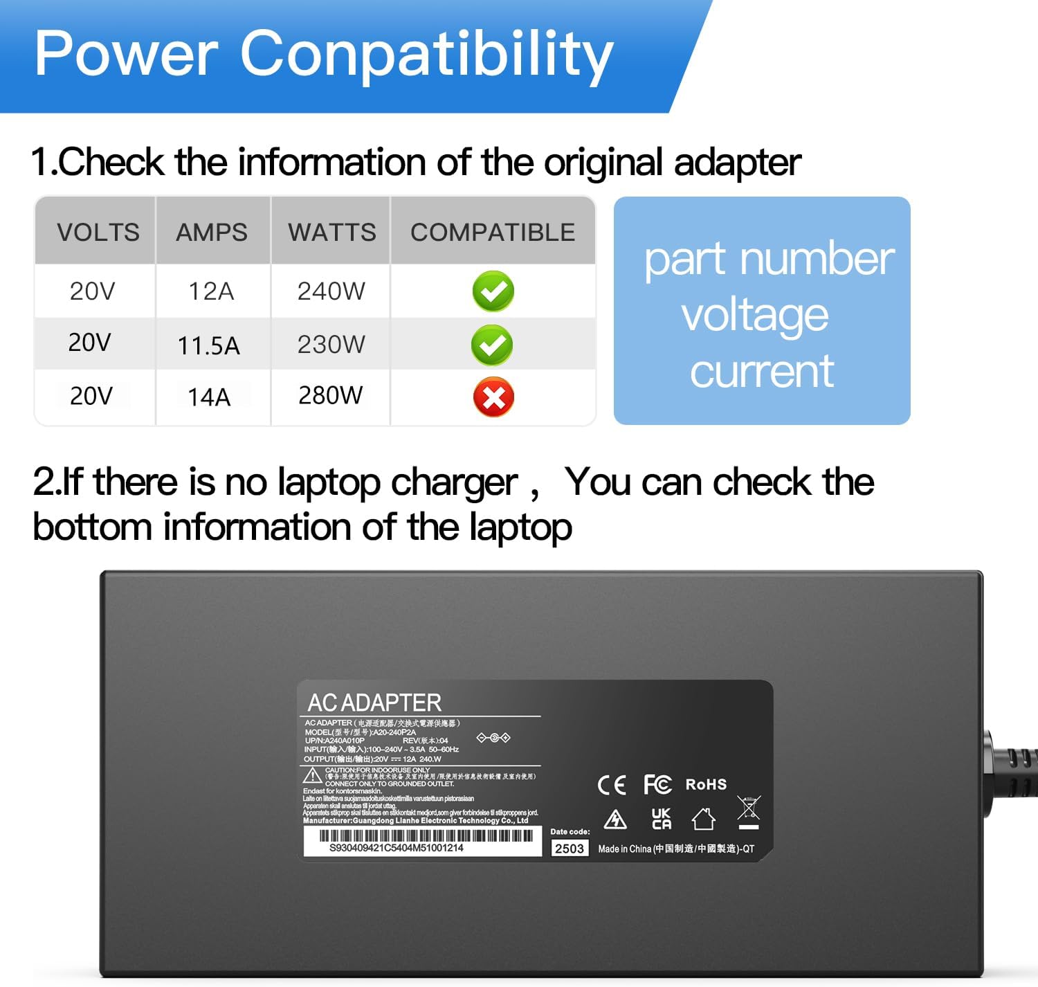 240W 20V 12A Charger for MSI Pulse GL76 GL66 Crosshair 15 16 17 Katana GF76 GS77 GS66 GE66 GP66 WE76MS-17K3 A20-240P2A S93-0409410-C54 Laptop Power Supply Adapter Cord（Square with pin (USB Tip)）