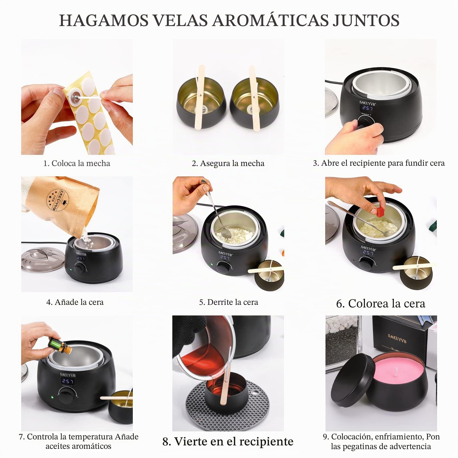 Kit de fabricación de velas, kit de cera de soja fácil de hacer, incluye cera de soja, mechas, olla de fusión con mango resistente al calor, kit de fabricación con placa caliente de fusor de cera