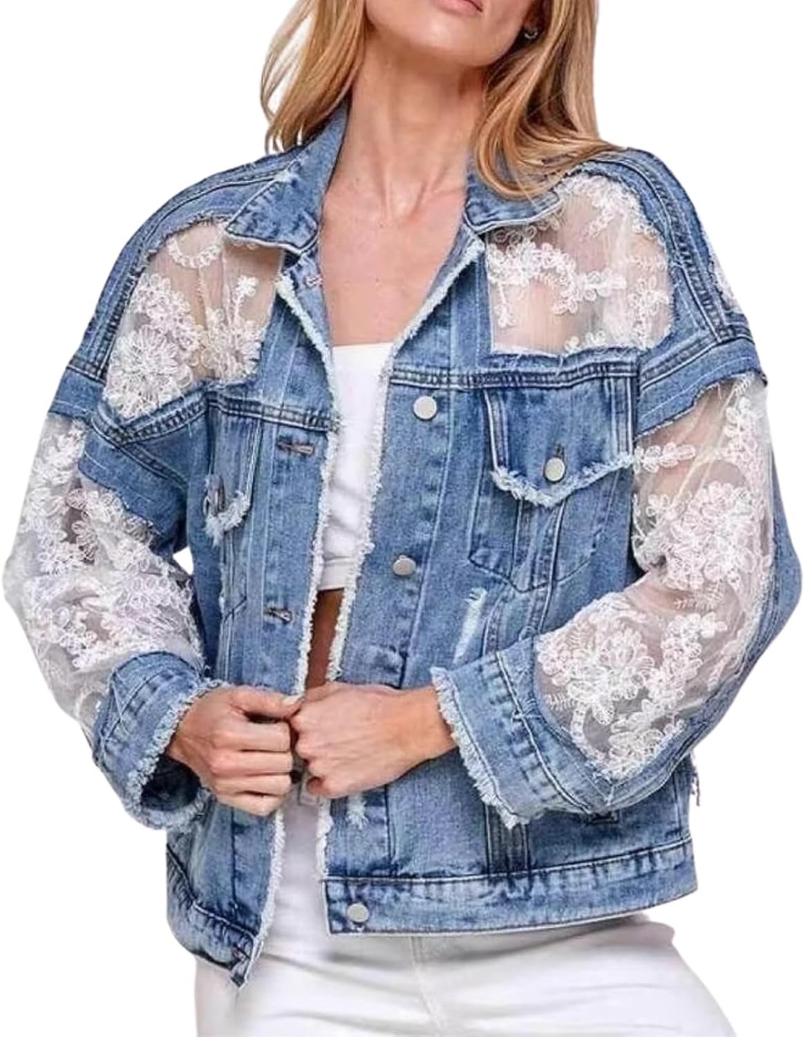 Women's Fall Denim Jackets Lace Embroidery Patchwork Ripped Jean Jackets Button Down Frayed Outwear Coat