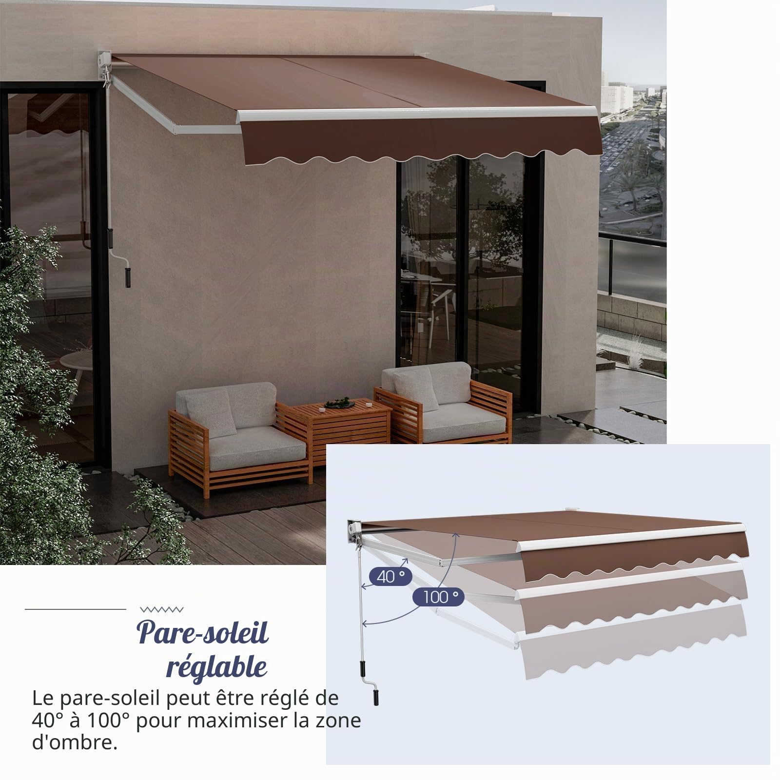FANTASK Auvent à Bras articulés de 3 x 2,5 m - store de Balcon - store de terrasse - Matériau résistant aux UV et à l'eau - Cadre et manivelle en Aluminium (Marron)