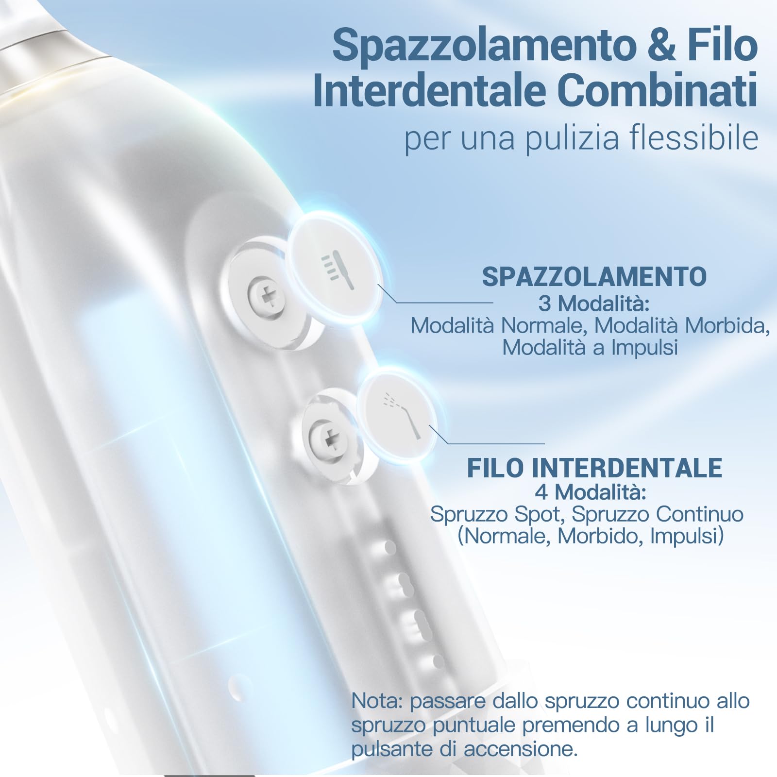 Marchpower 2-IN-1 Spazzolino Elettrico e Idropulsore Dentale Portatile con Modalità 3 x 4, 40000VPM Irrigatore Dentale, Spazzolino Sonico con 3 Testine & 1 Beccuccio per la Casa, Viaggio