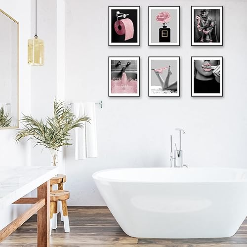 Miniatura 6 de HoozGee Juego de 6 impresiones artísticas de pared de baño de moda, pósteres de tela con purpurina rosa glamorosa, fotos, obras de arte de baño,