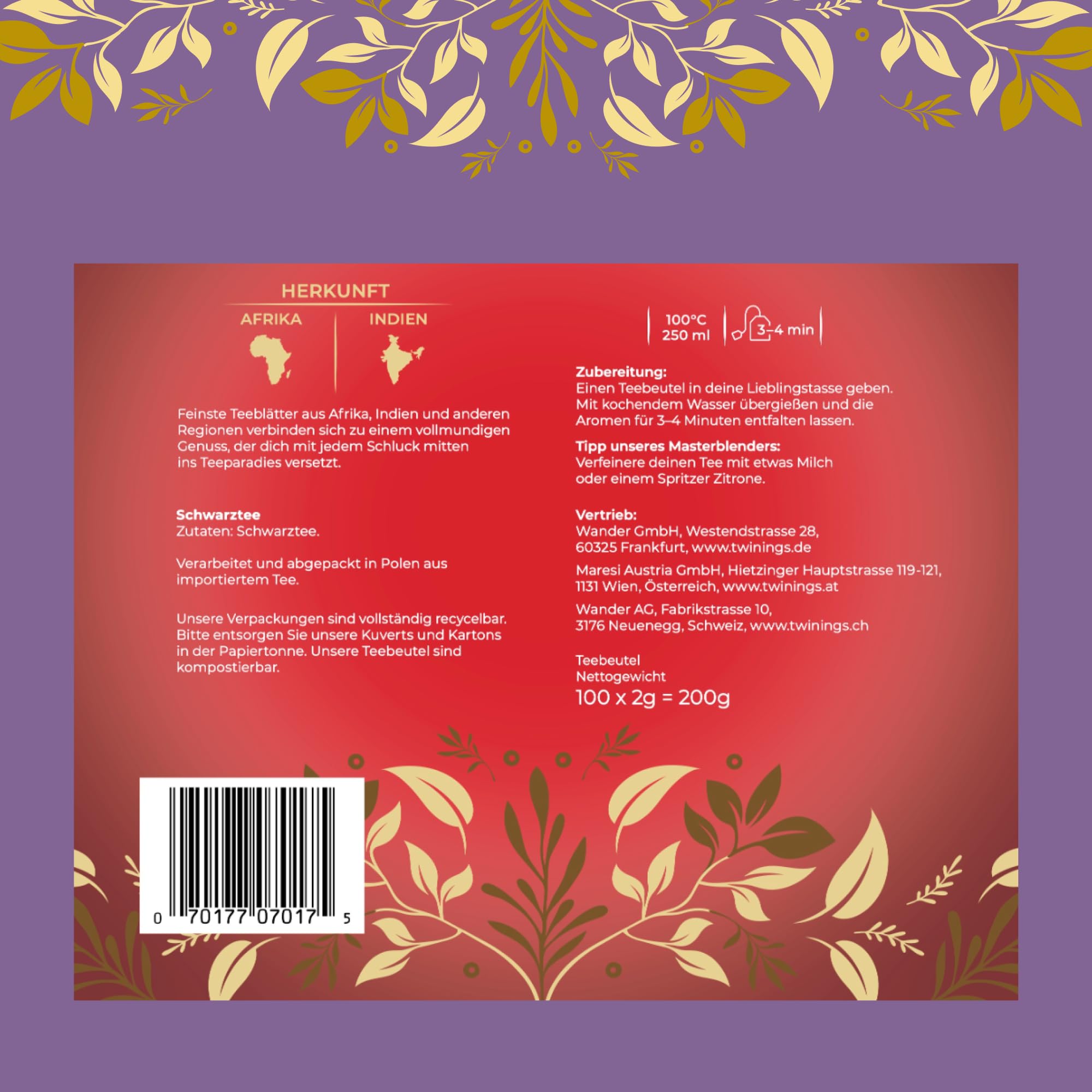 Twinings English Breakfast Tea – czarna herbata – mocna czarna herbata z wysokiej jakości liści herbaty, zbierana w Sri Lance i najlepszych ogrodach herbacianych w Indiach, 100 torebek herbaty (200 g)