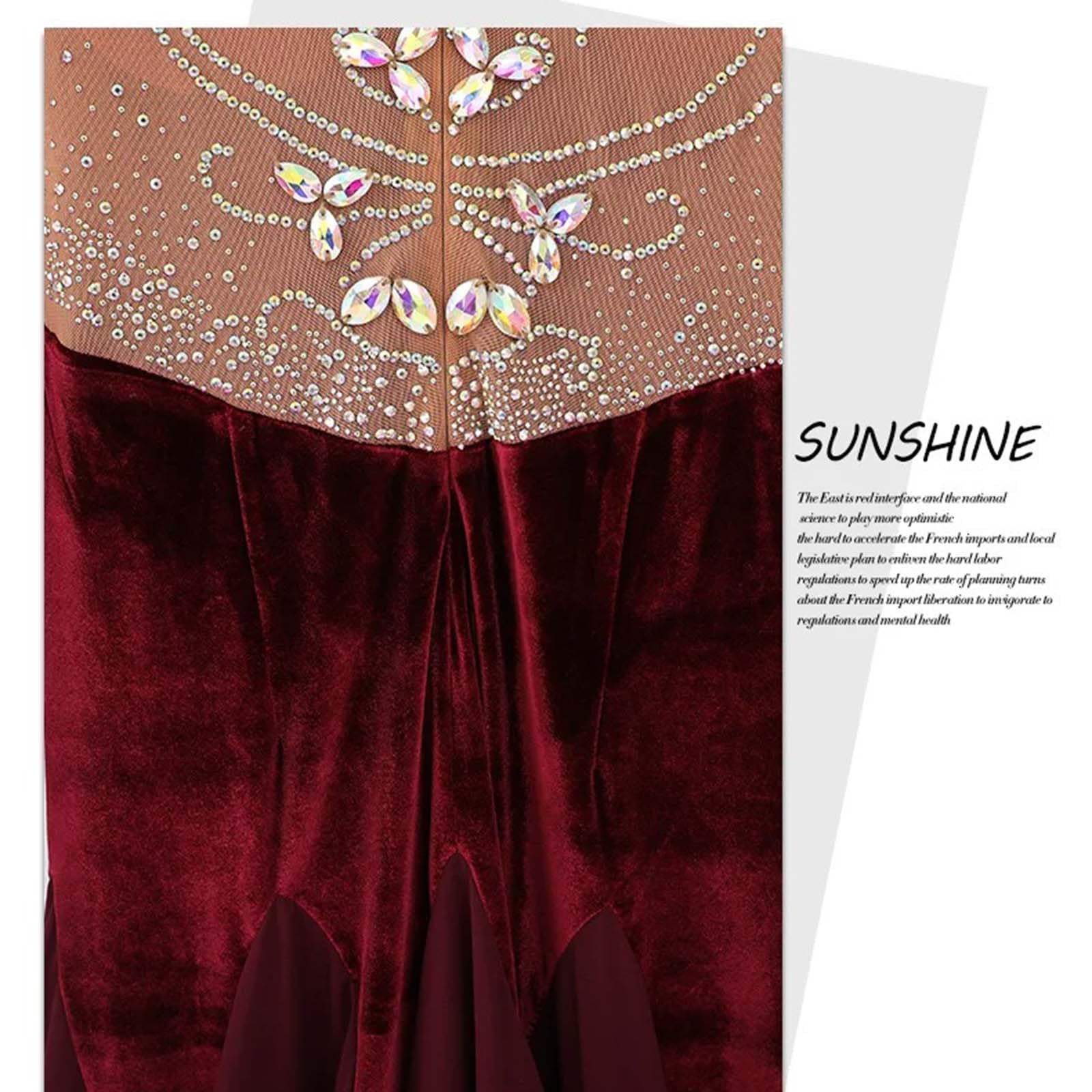 purpleq Damen Standard Tanzkleid, Langarm Walzer Kleid, Samt und Chiffon, Elegantes Performance Kleid für Standard, Latein, Tango, Salsa, Turniertanz, Rot