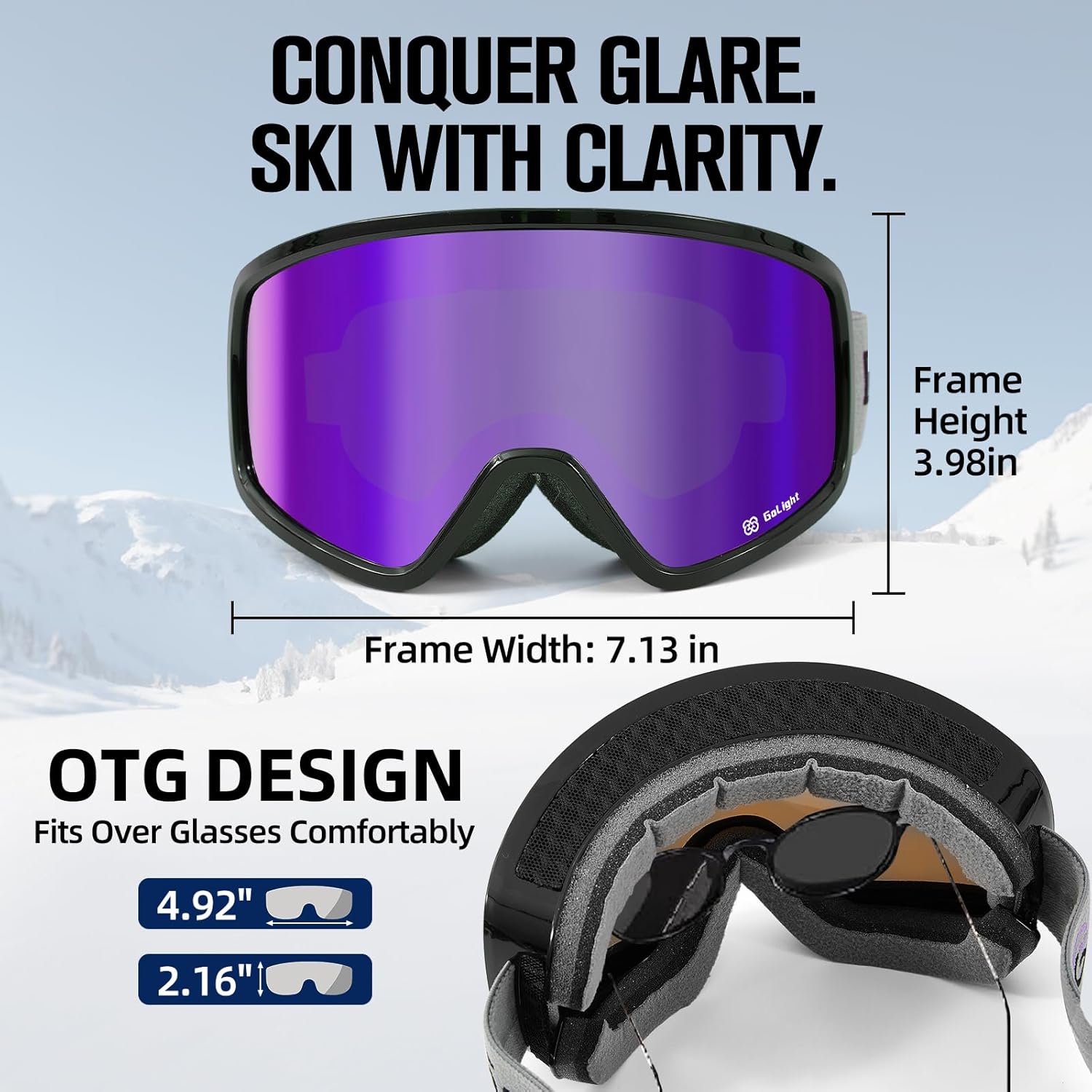 GoLight Polarized Anti-Glare OTG Ski Goggles – Anti-Fog Double Lens, UV400, Triple-Foam, Anti-Slip Strap for Men & Women