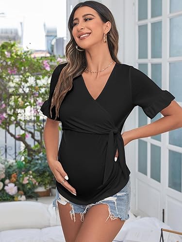 Miniatura 5 de SOLY HUX Women's Maternity Summer T Shirt Casual Ruffle Wrap V Neck Tie Front Pregnancy Tee Top