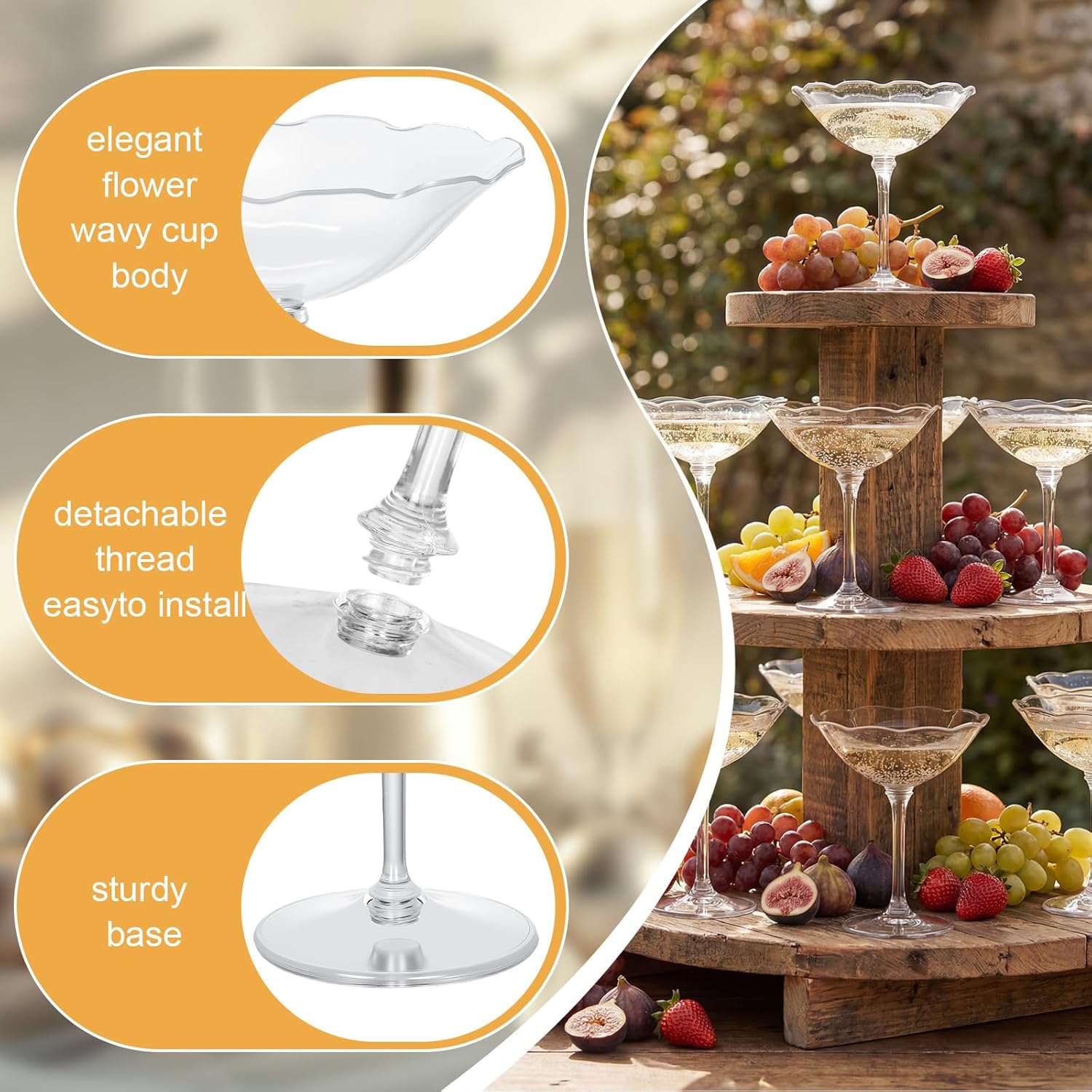 48 Pcs Martini Glasses 7 oz Disposable Plastic Vintage Flower Coupe Wave Glasses Elegant Cocktail Unbreakable Dessert Parfait Glassware for Wedding Birthday Party Supplies