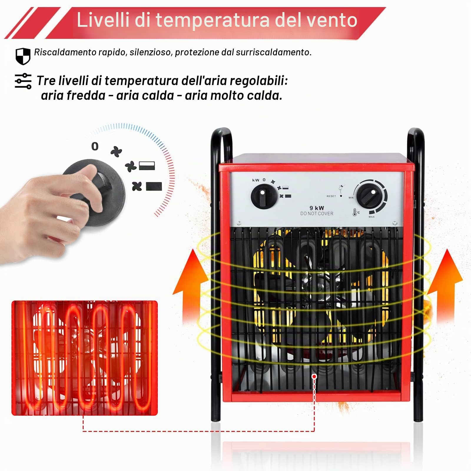 LARS360 5000 Watt, riscaldamento industriale professionale, con 3 livelli di calore, riscaldamento elettrico, a risparmio energetico, per interni ed esterni, protezione da sovraccarico