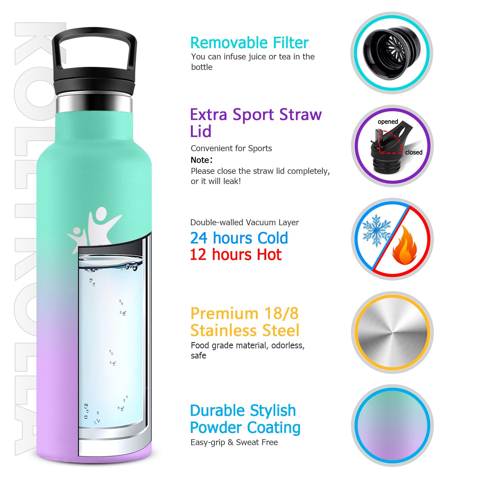 KollyKolla Botella Agua Acero Inoxidable 500ml, Cantimplora Termo con Doble Aislamiento, Botella Termica con Pajita, sin BPA, Termo Reutilizable para Oficina, Camping, Niños, Fitness, Niños, Yoga