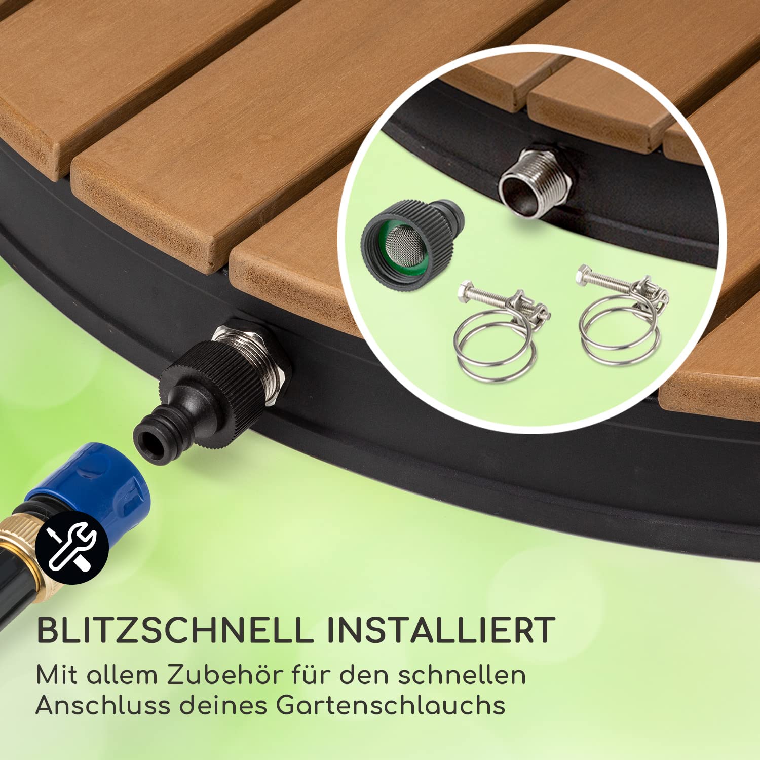blumfeldt Mobile Gartendusche, Aussendusche für den Garten, Bodendusche mit 4m Fontänenhöhe, Boden-Gartendusche mit Holz-Optik für Pool & Sauna, Außendusche Wasserdicht, Frost- & UV-Beständig