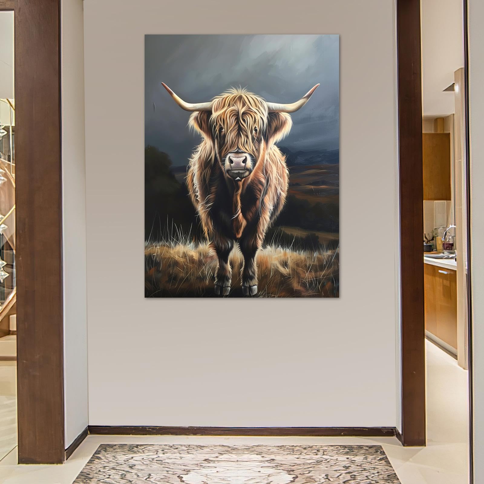 HNKDKJ Highland Cow Canvas Wall Art Extra Large Highland Cow Framed Painting Farmhouse Bathroom Wall Decor 60x80cm/24x32inch -Inner-Frame