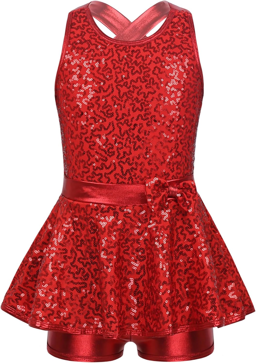 JEATHA Kids Girls Shiny Sequins Cutout X-Back Bowknot Ballet Jazz Latin Dress Gymnastic Costume Leotard Dancewear