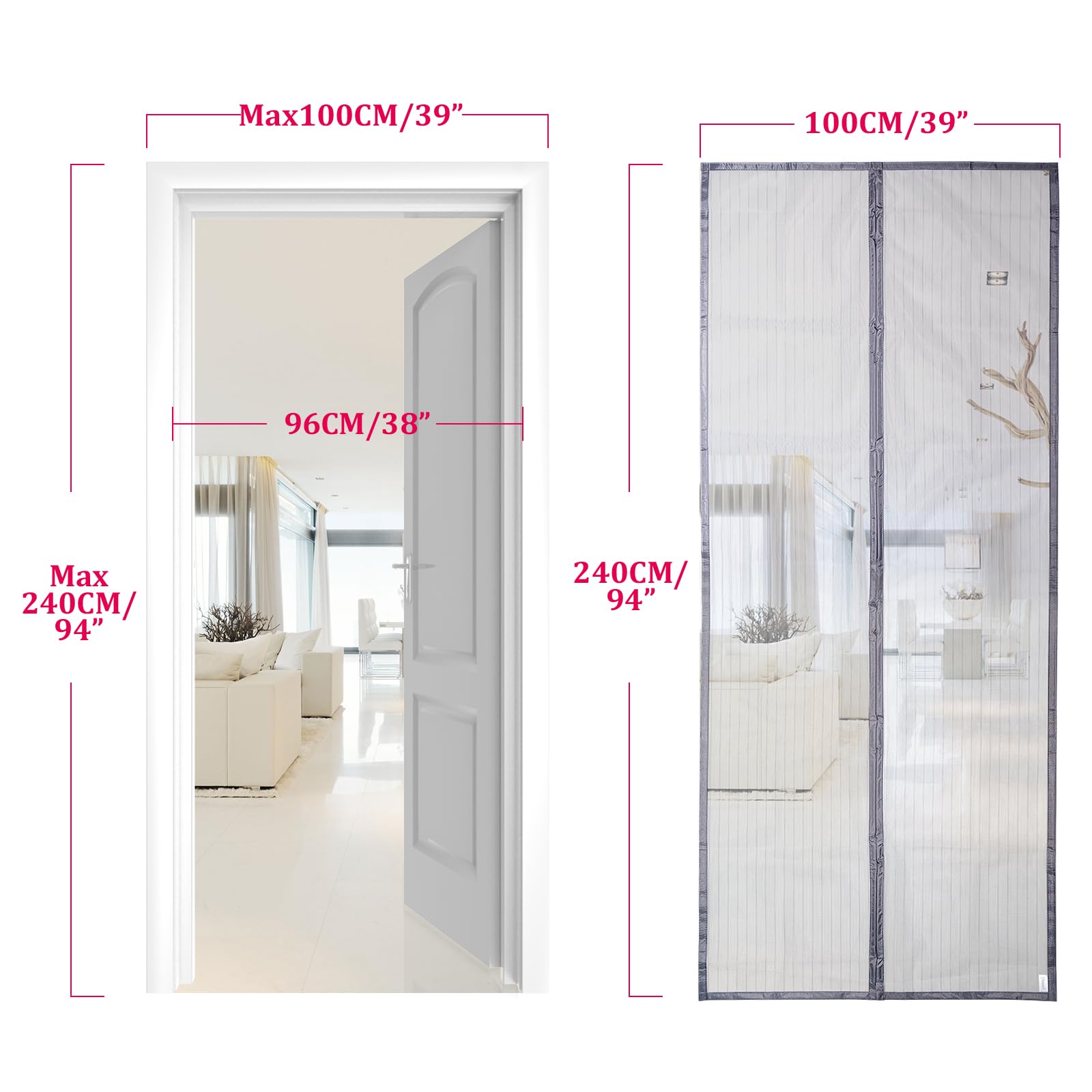 Apalus Zanzariera con Magneti per Porte, 100x240 CM,Rete Fine, Tenda Totalmente Magnetica, si Chiude da Sola - Non Accorciabile (Grigio)