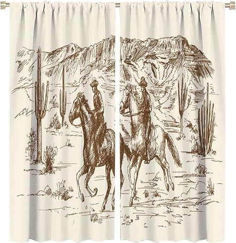 Miniatura 47 de Cortina opaca de vaquero, estilo retro, estilo bosquejo, del desierto occidental, con bolsillo para cortinero, para dormitorio, sala de estar