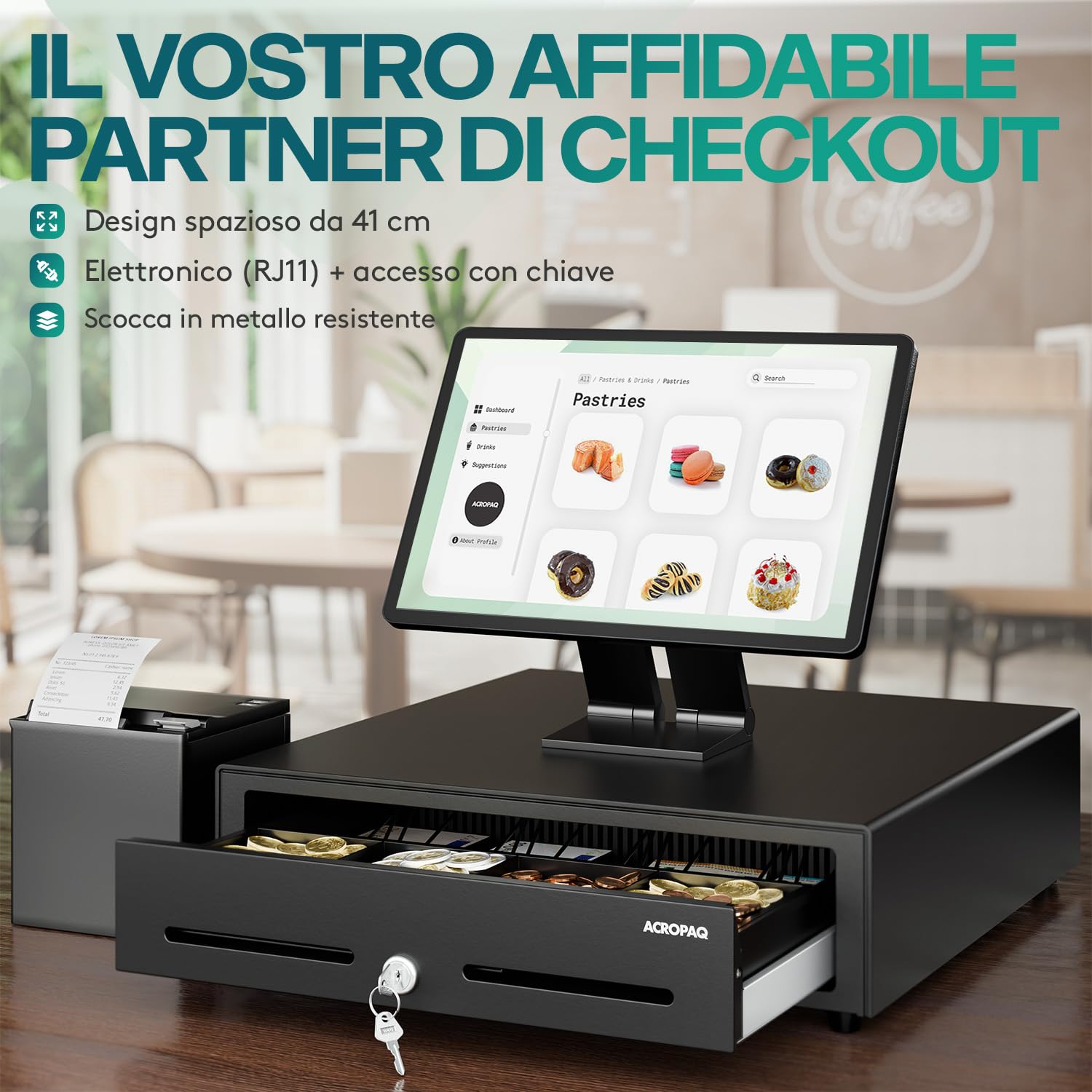 ACROPAQ Cassetto cassa - Compatibile con registratore cassa RJ11, 4 scomparti monete e 8 banconote, Cassetto in metallo con inserto rimovibile, Robusto (42 x 41 x 12 cm) - Cassetto cassa registratore