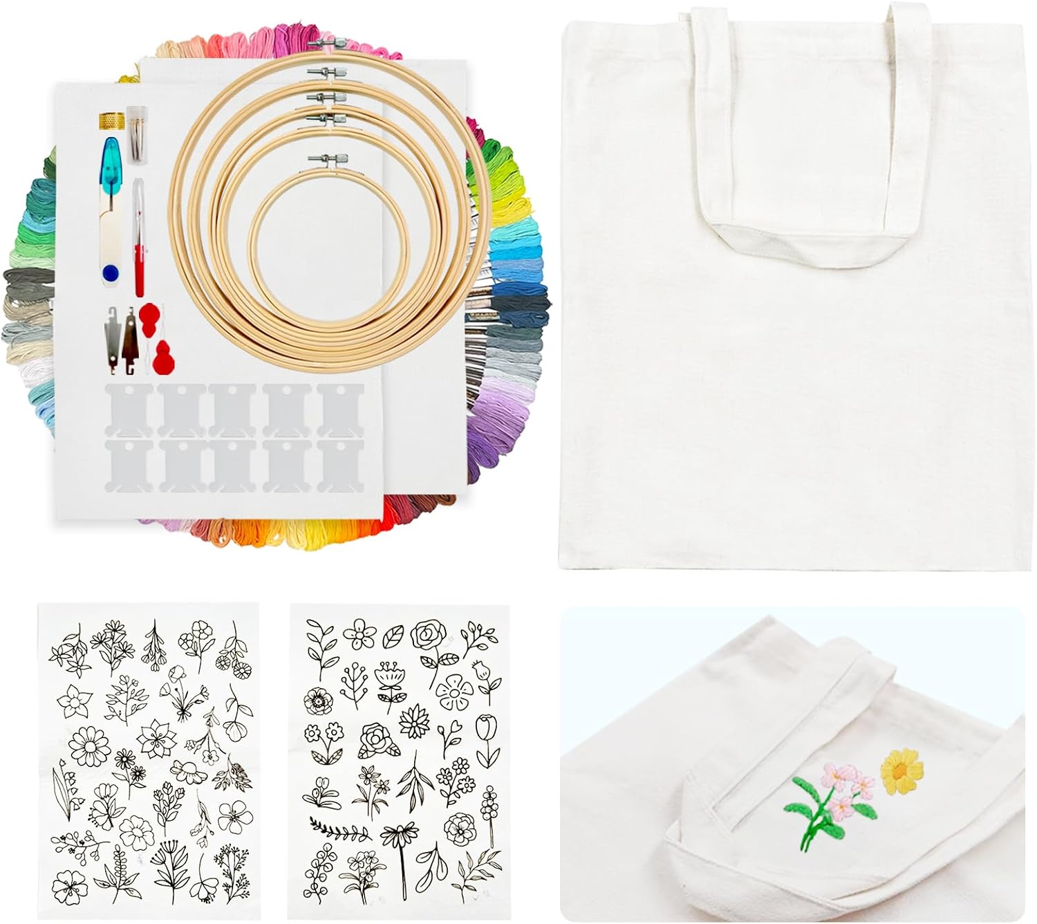 SNAIL GARDEN 256PCS Complete Embroidery Kit with Canvas Bag,2 Sticky Water Soluble Paper Stabilizers with 50 Patterns, 100 Colorful Threads, 5 Hoops, Fabric Pieces, Needle Threaders,Thread Organiser