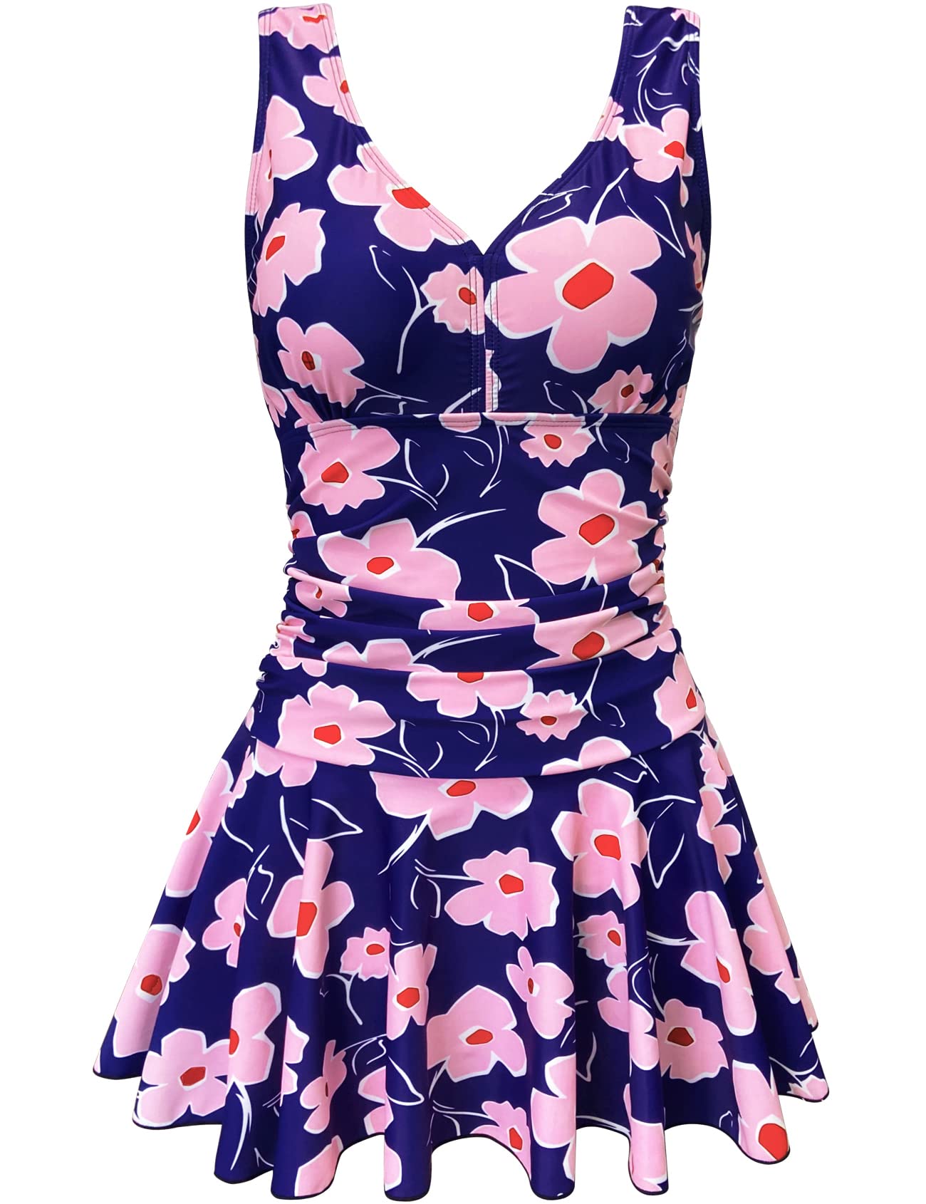 AONTUS Mastectomy Swimdress Plus Size Tummy Control One Piece with Vintage Ruffles U-Back Post-Surgery Confidence Chlorine Resistant 4XL