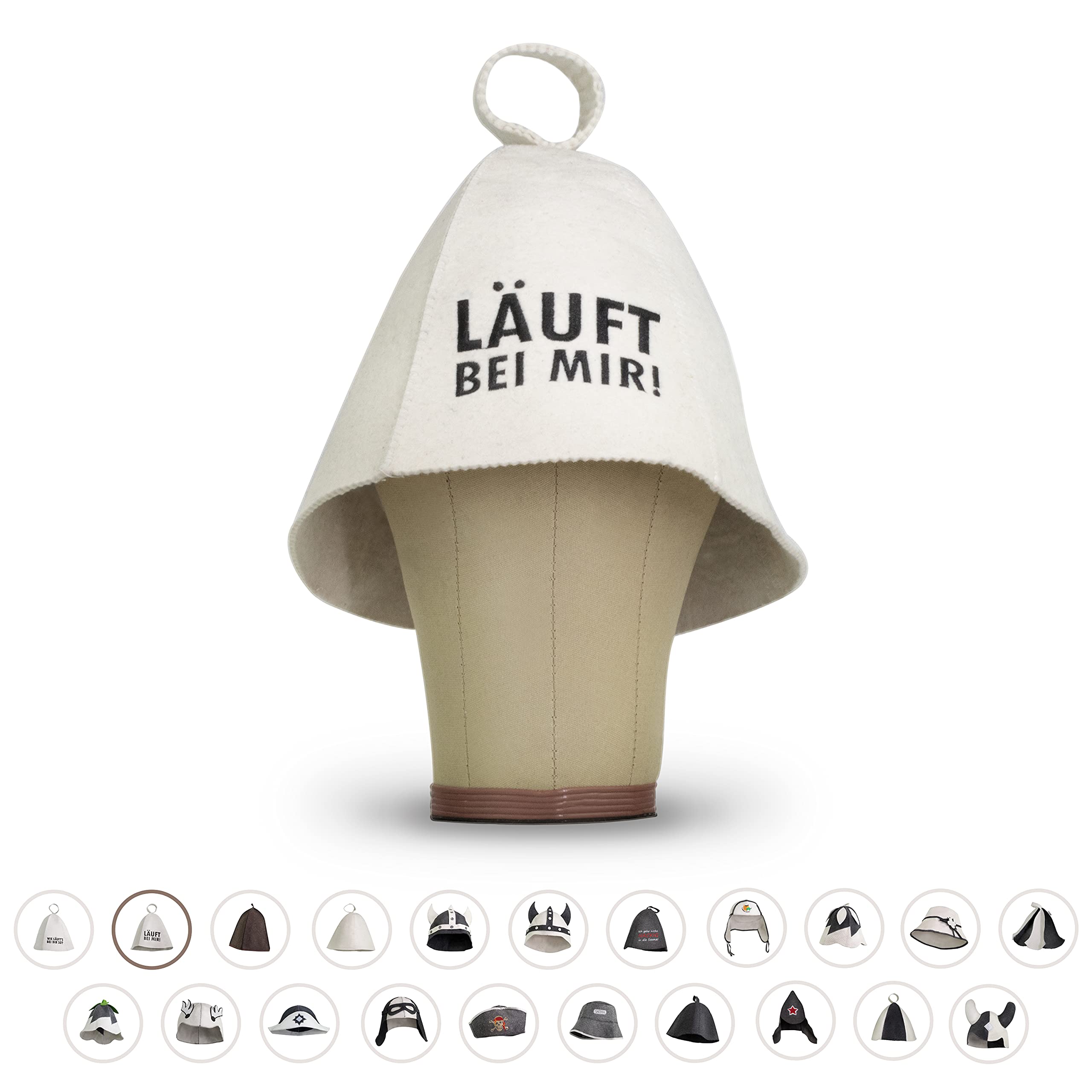 LoWell® czapka do sauny – filcowa czapka dla kobiet i mężczyzn, w zestawie poradnik użytkownika sauny – idealny dodatek do sauny dla wyjątkowego doświadczenia spa – czapka do sauny z napisem „Läuft bei mir!”