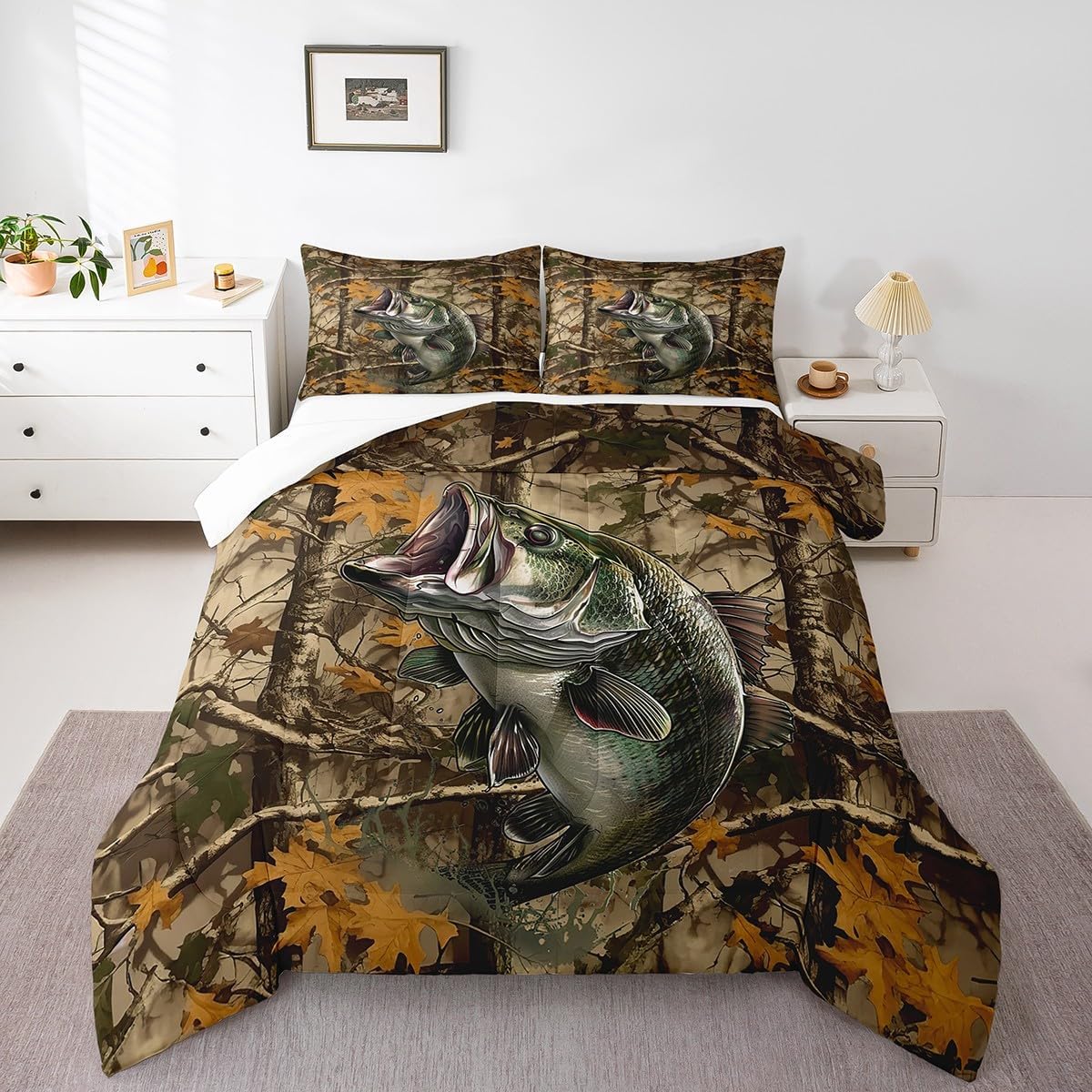 Feelyou Pike Fish Comforter Set for Girls Boys Kids Queen Size Bass Big Fish Comforter Room Decor Fishing and Hunting Bedding Set Fisherman Fish Man Duvet Set 3Pcs