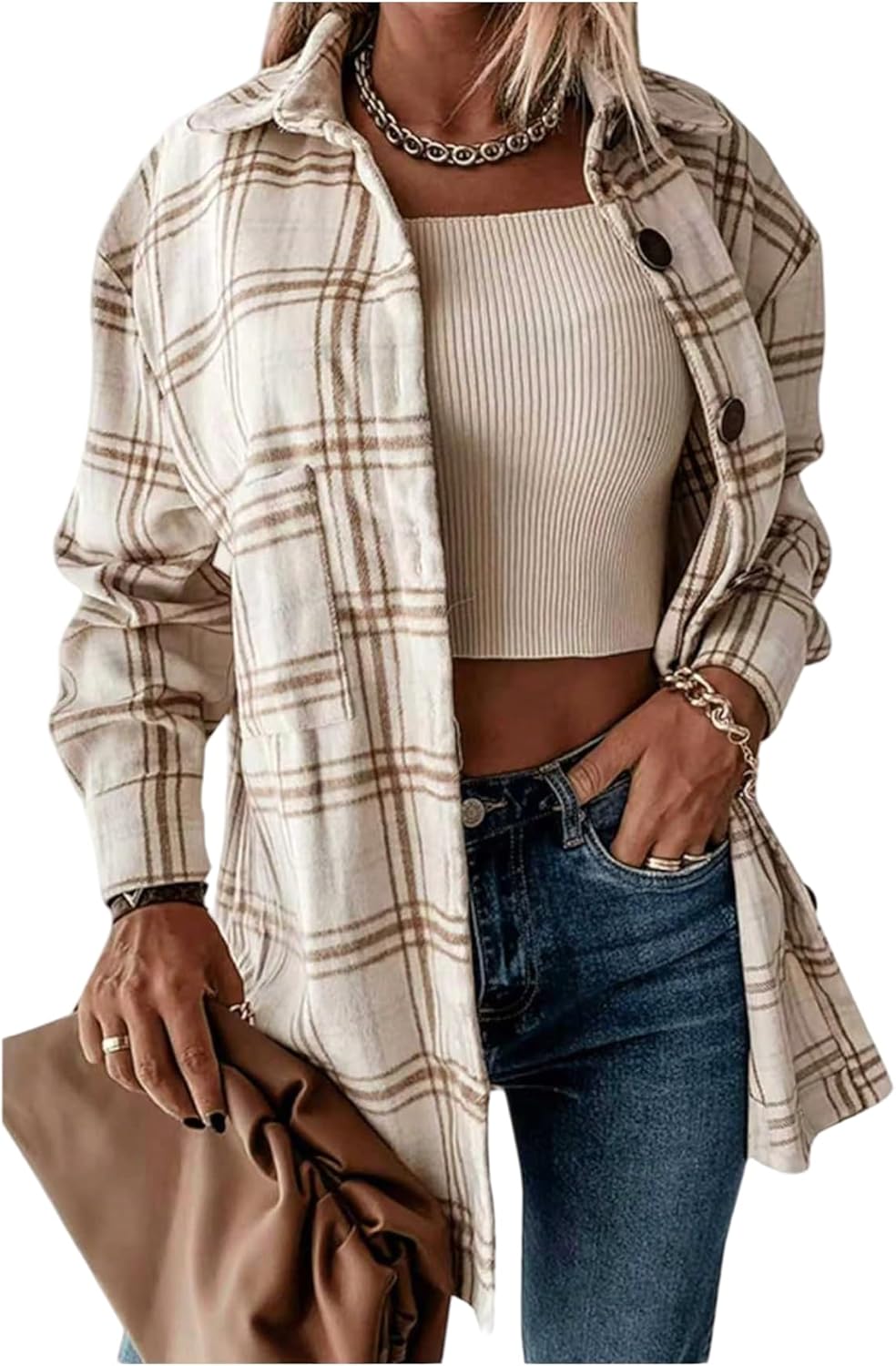 Women's Plaid Button Down Shirt Dressy Casual Collared Long Sleeve Loose Shacket Jacket with Pocket