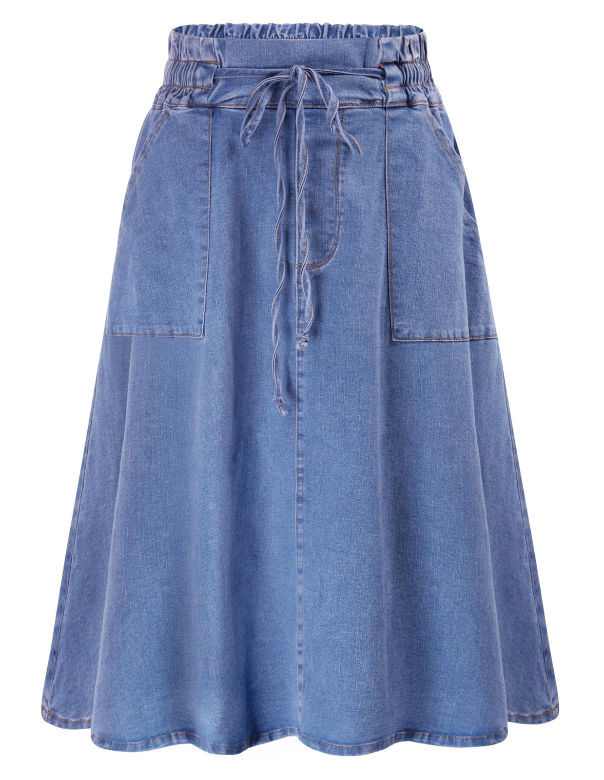 KANCY KOLE Women Casual Denim Skirts Frill Tie Waist A-Line Midi Jean Skirt with Pockets S-XXL