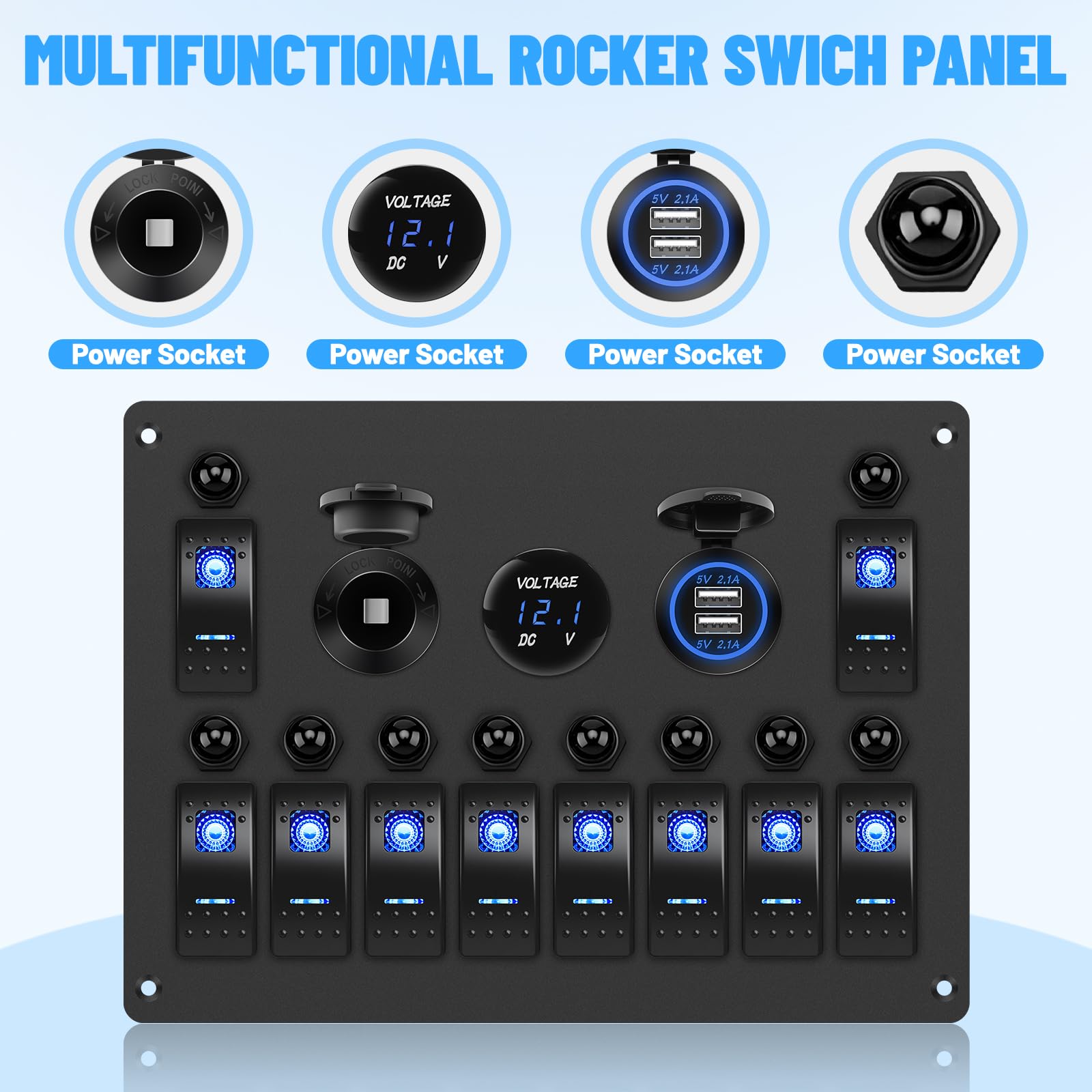 Geloo Pannello Interruttori a Bilanciere 12V 24V 10 Gang Interruttore a Levetta Impermeabile con Interruttore Automatico, Voltmetro, Presa Accendisigari per Auto, Doppio Caricatore USB
