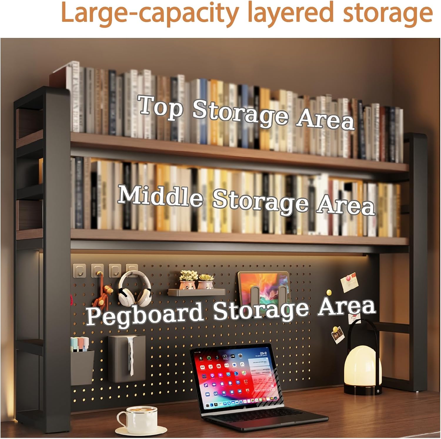 Desk Shelf Organizer for Top of Desk – Desktop Bookshelf with Pegboard & Storage Accessories, Adjustable Hutch for Dorm or Office, Steel Frame Display S Black frame + dark brown board 21.7*9.8*36.6in