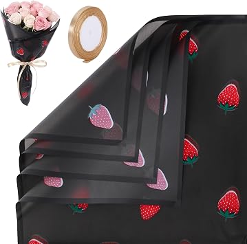 20 Sheets Black Strawberry Flower Wrapping Paper, Matte Korean Florist Floral Bouquet Wrapping Paper with Ribbon, Waterproof Flower Wrap for Bouquets Gifts Girl Birthday Wedding Valentine Mothers Day