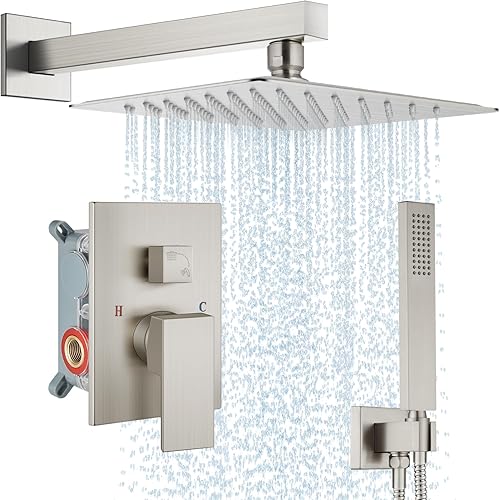 Miniatura 14 de Midanya Juego de grifo de ducha, sistema de ducha de montaje en pared con cabezal de ducha de lluvia cuadrado y rociador manual, cuerpo de válvula