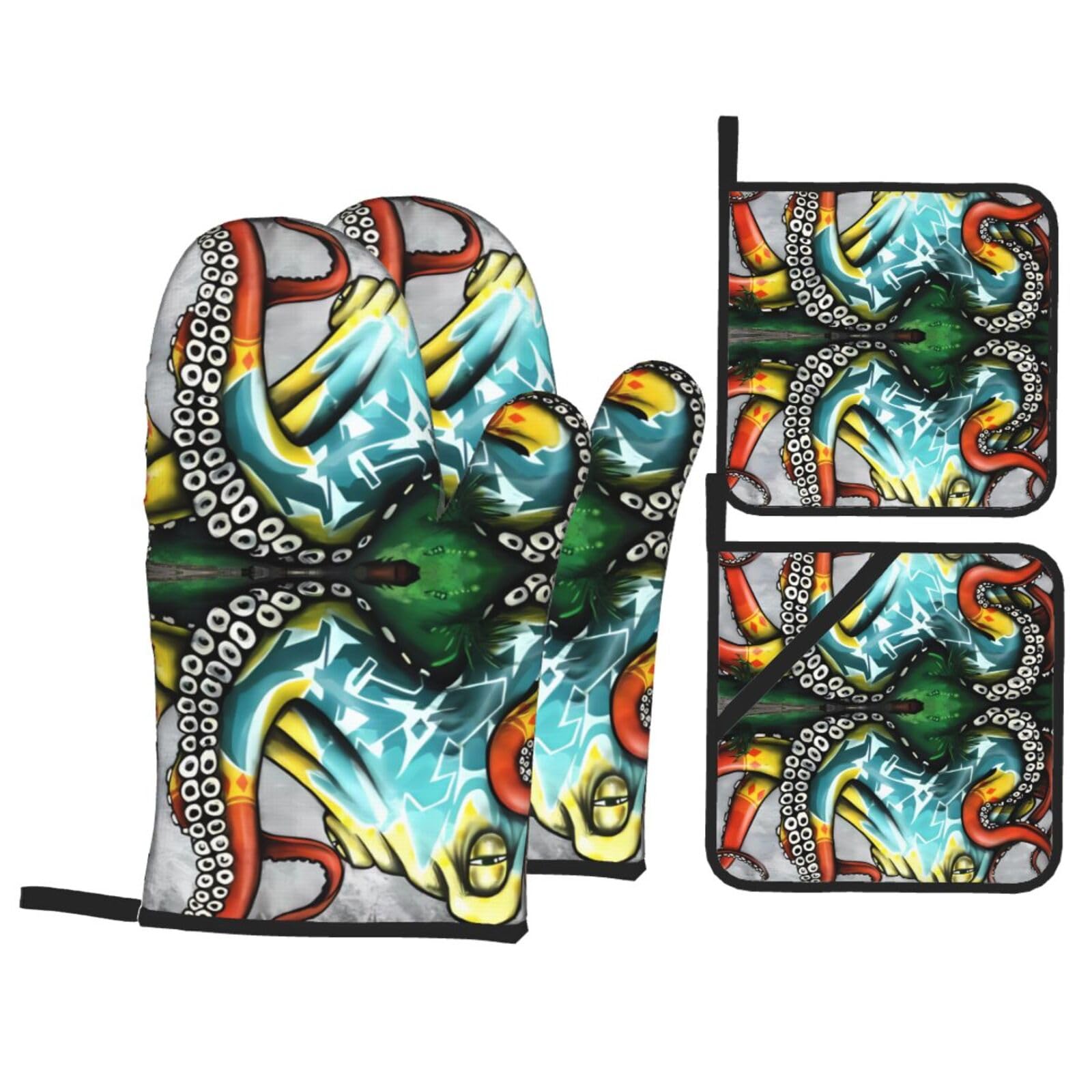 HJFCZH Color Graffiti Octopus Prints Kitchen Covers: Waterproof Oven Layers for Safe Cooking & Easy Cleanup - 4 Piece Heat Protection Set