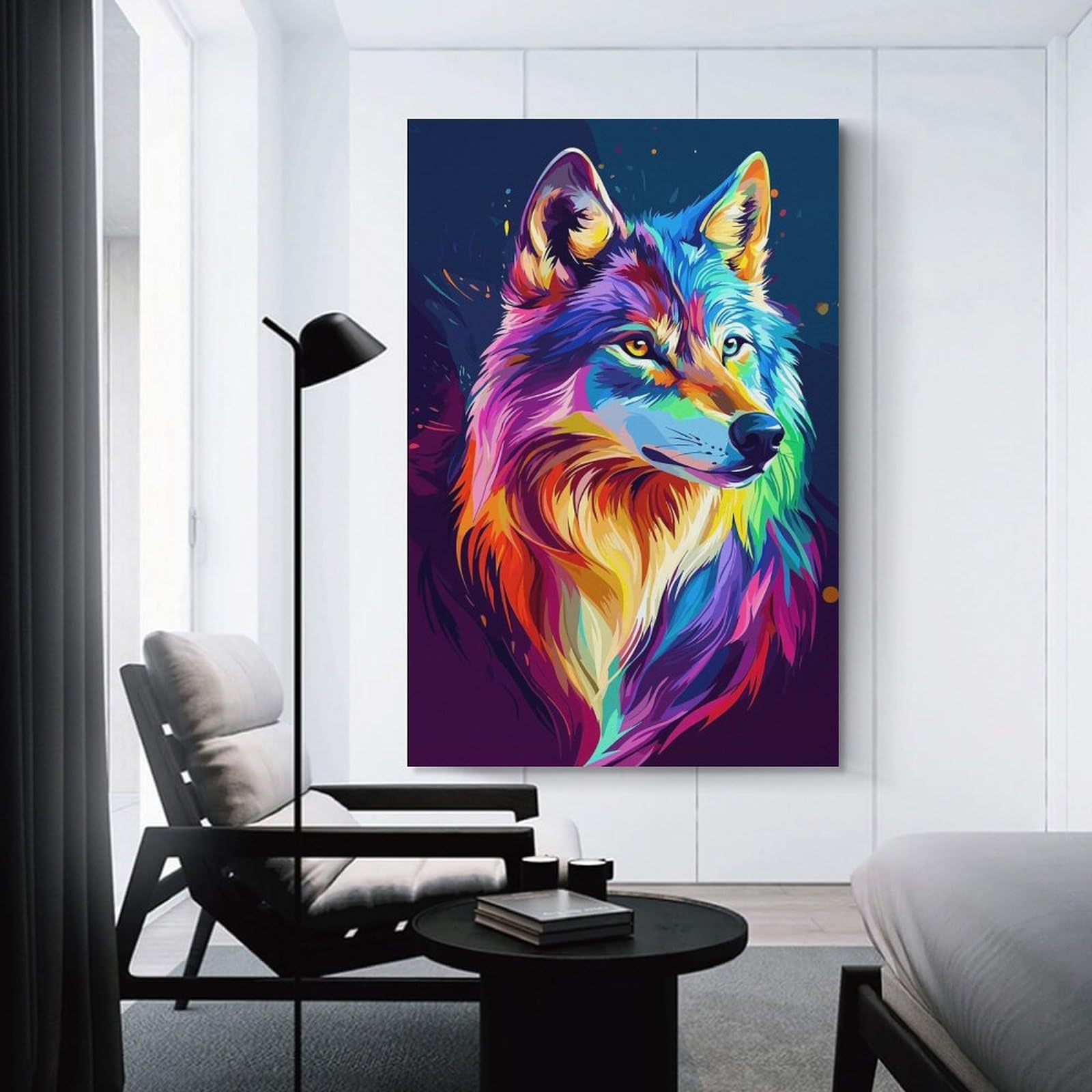 Junmoney Colorful Wolf Portrait Room Decor Wall Art 24x36inch(60x90cm), for Art Walls, Layered Displays Or Homes, Wall Decor Suited to Curated Displays