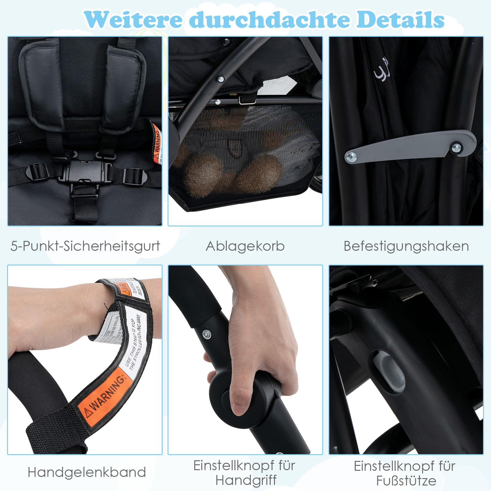 COSTWAY Geschwisterwagen klappbar, Zwillingswagen mit verstellbarer Rückenlehne & Verdeck, Reisebuggy mit Liegefunktion, Zwillingsbuggy Kinderwagen für Baby ab 6 Monate, 30 kg Belastbar (Schwarz)