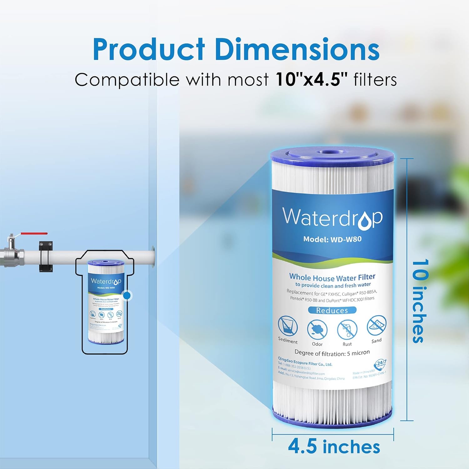 Waterdrop FXHSC Whole House Water Filter, Replacement for GE® FXHSC, GXWH40L, GXWH35F, American Plumber W50PEHD, W10-PR, R50-BBSA, 5 Micron 10" x 4.5", 4 Pack