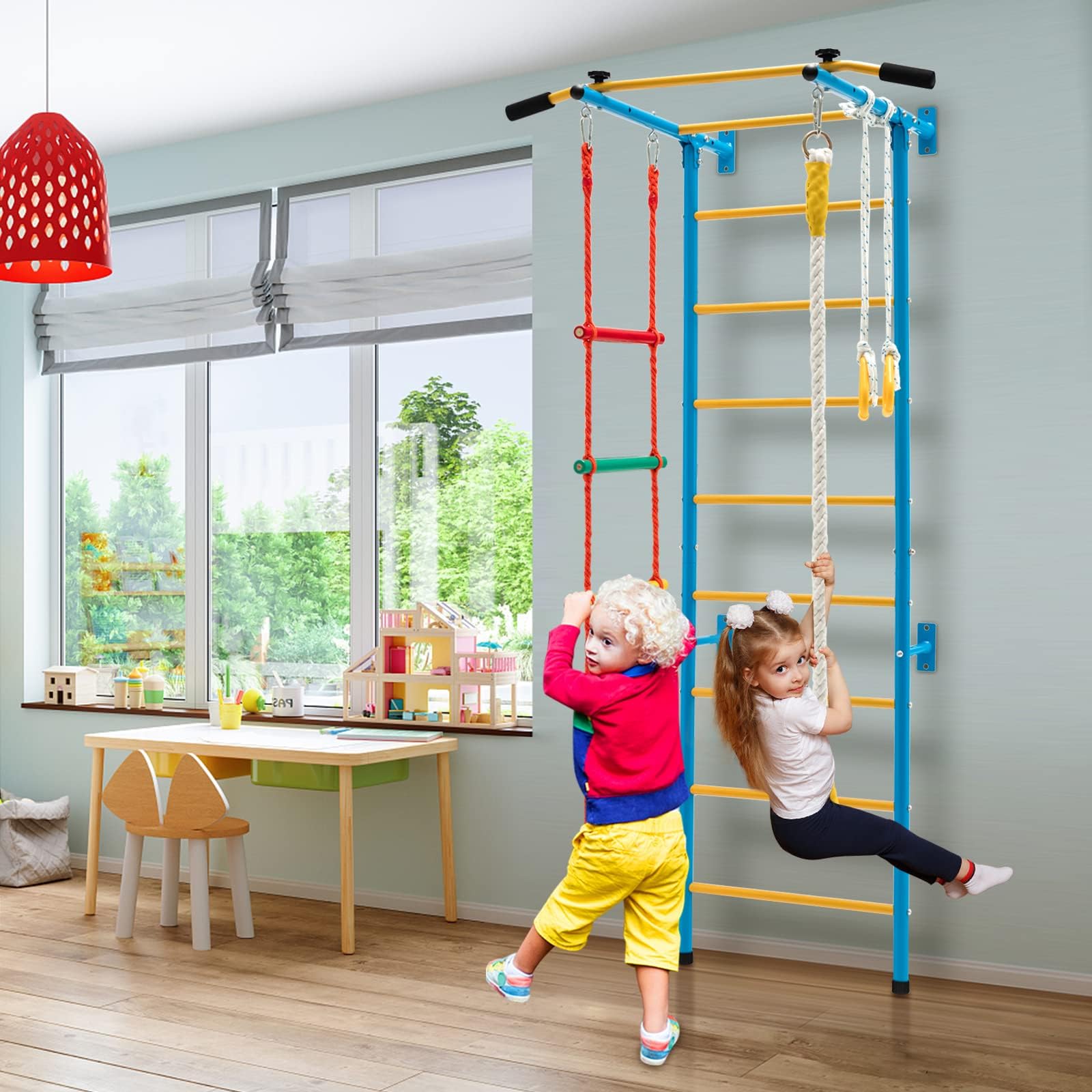 COSTWAY Échelle Murale Suédoise avec Barre de Traction & Échelle de Corde, Espalier Mural pour Enfants en Acier au Carbone avec Anneaux Gymnastique, Jeux d'escalade d'intérieur pour 3 Ans+