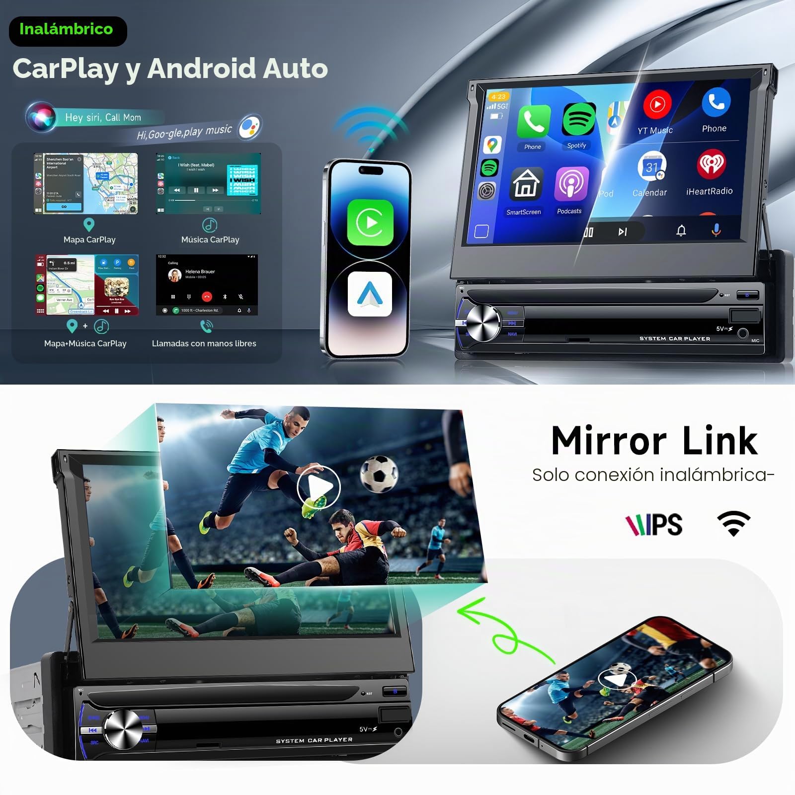 Hodozzy 4G+64GB Radio Coche 1 DIN Android con CarPlay Android Auto Inalámbrico, Pantalla Táctil HD de 7 Pulgadas Retráctil Pantalla 1 DIN con Bluetooth GPS WiFi Mirrorlink FM/RDS Radio USB/AUX Cámara