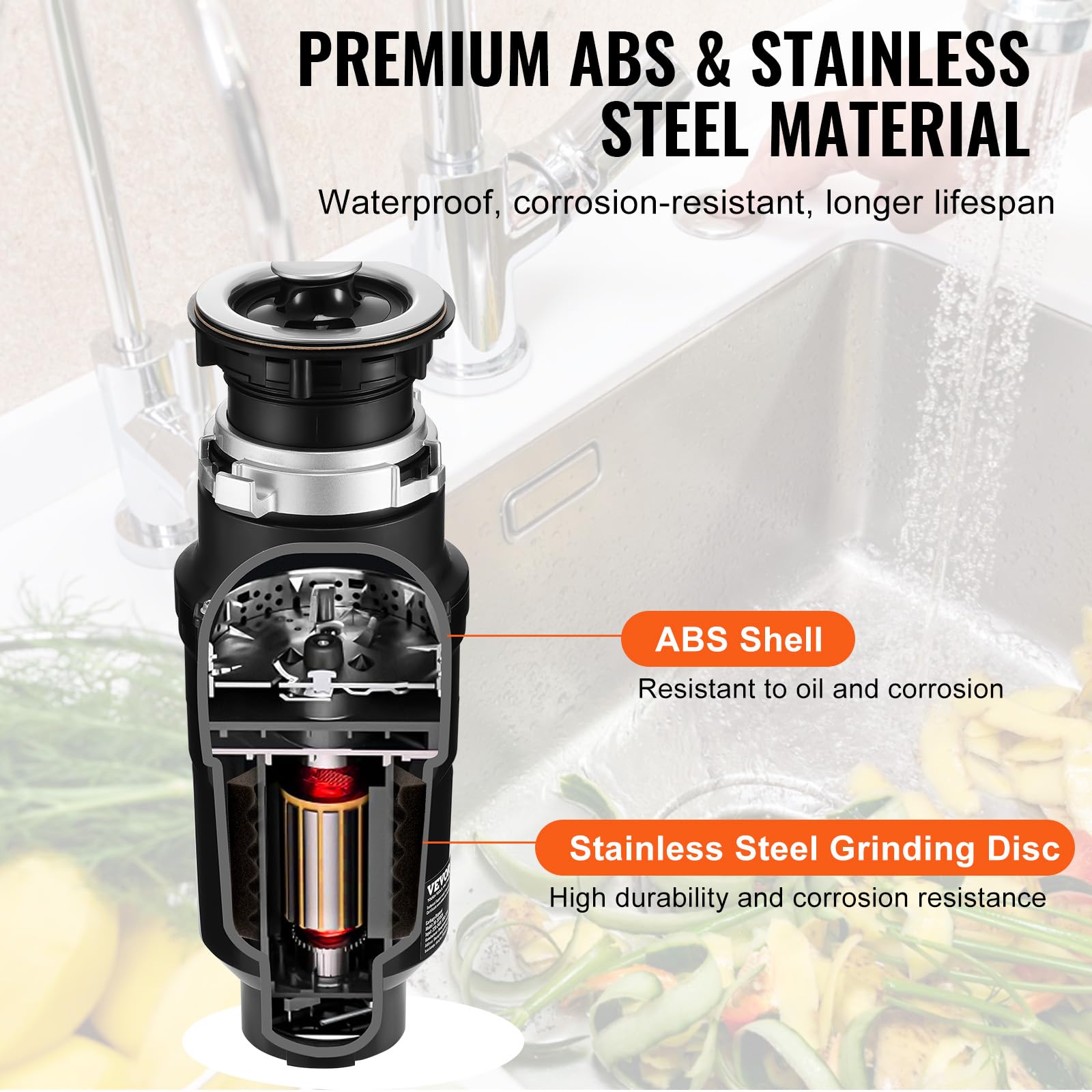 VEVOR Triturador de Basura para Fregadero de Cocina, 1/2 HP, Sistema de Eliminación de Residuos de Alimentos, 3820 RPM, con Cable de Alimentación, para el Hogar, Cocina, 150 x 150 x 335 mm, Negro