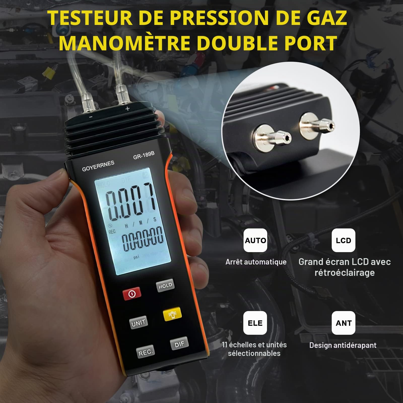 Manomètre portable Testeur de pression d'air et de gaz GR-189B Manomètre différentiel à double port 11 unités sélectionnables Manomètre différentiel Grand écran LCD