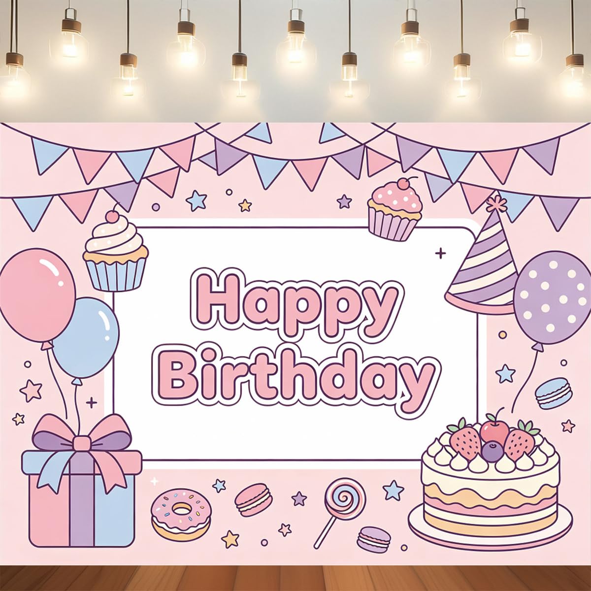 Pastelowe tło Happy Birthday, urocza kreskówka babeczka prezent balon fotografia tło tkanina na przyjęcie urodzinowe dekoracje fotobudki